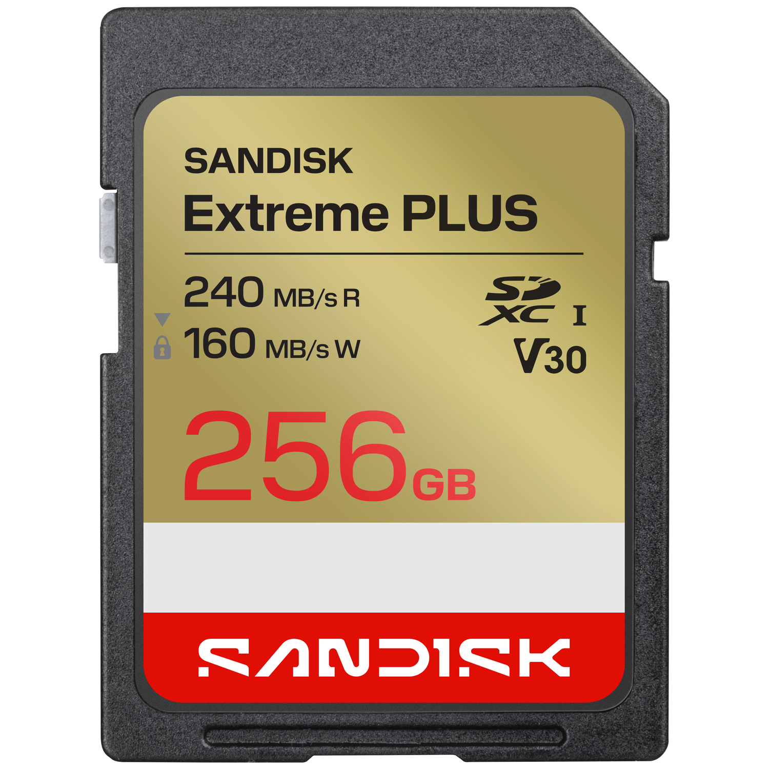 Een goud-zwarte SanDisk Extreme PLUS 256GB SD-kaart met snelheidsratings en rood-witte branding.