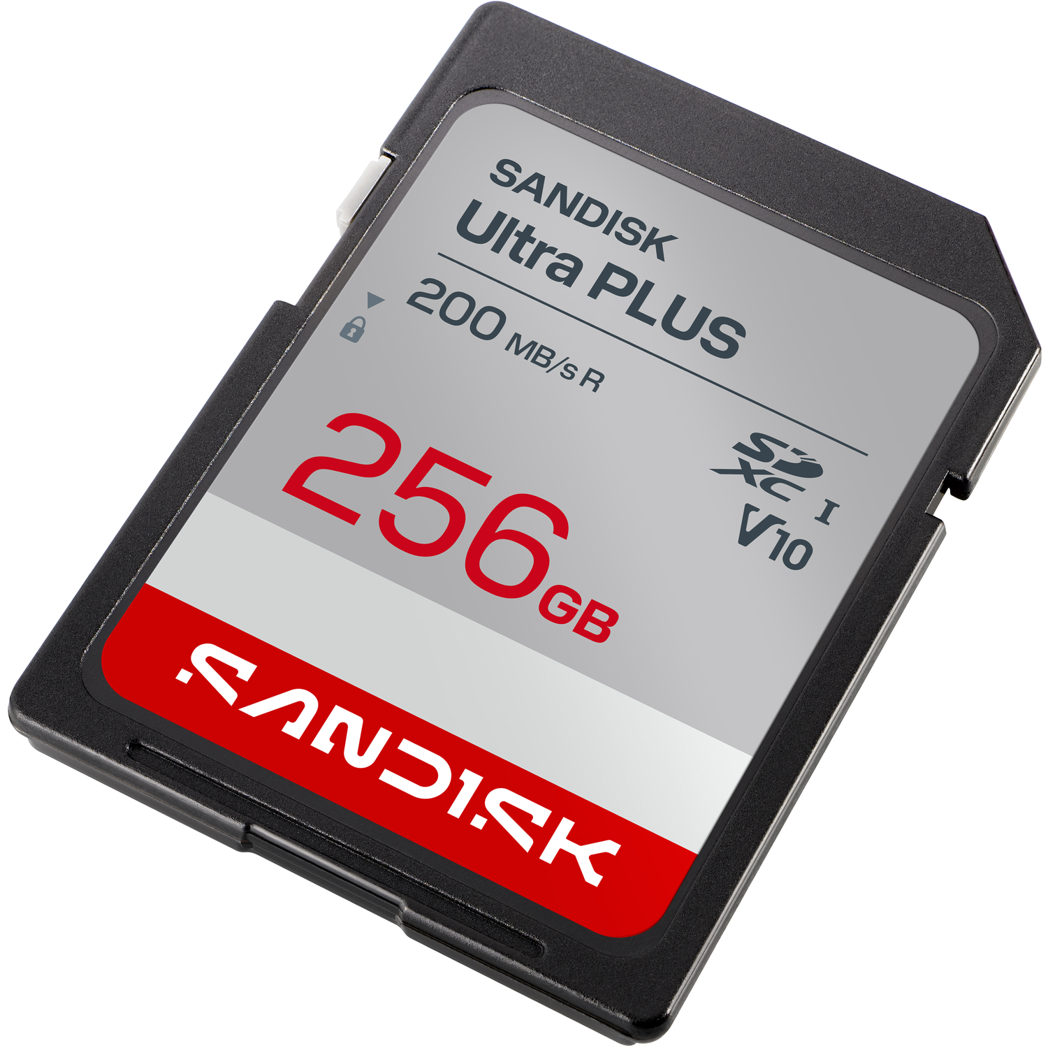 Een zwarte en grijze SanDisk Ultra Plus 256GB SD-geheugenkaart.
