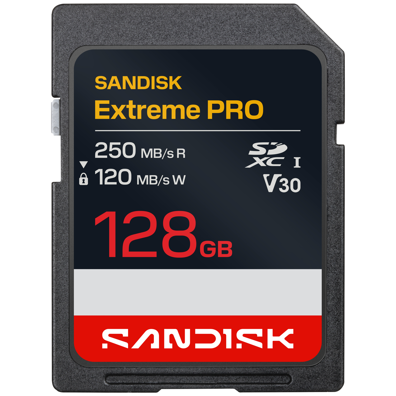 SanDisk Extreme PRO 128GB SD-kaart met 250 MB/s leessnelheid en 120 MB/s schrijfsnelheid.