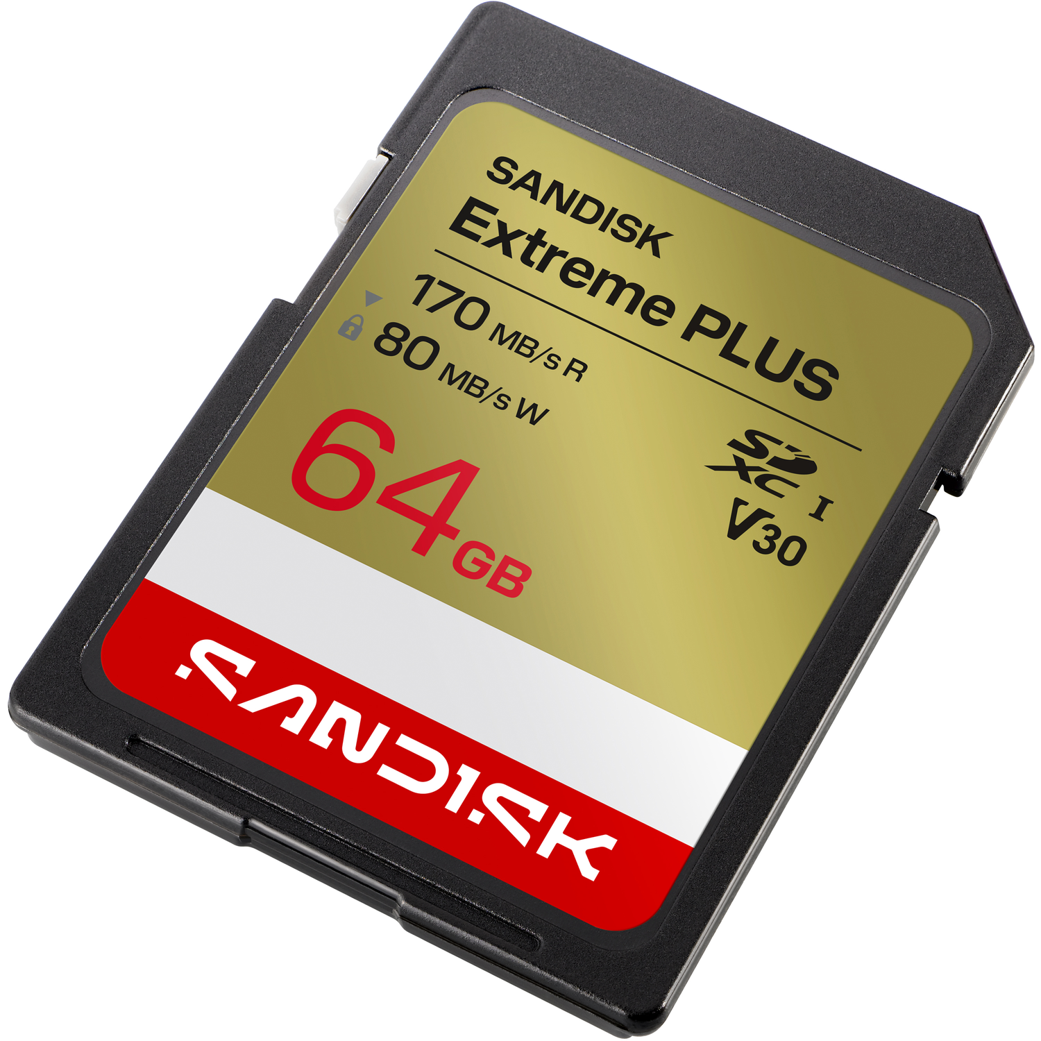Een SanDisk Extreme Plus 64GB SD-geheugenkaart met gouden en rode labels.