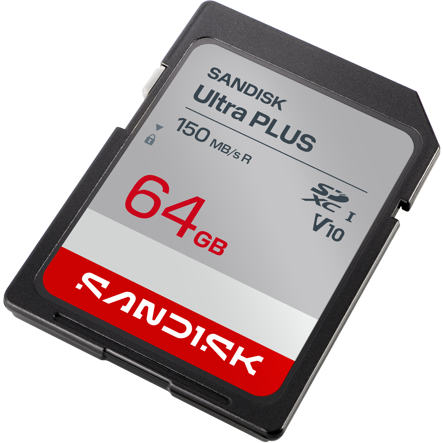 Een zwarte SanDisk Ultra Plus 64GB SD-geheugenkaart met een rode onderkant en zilveren label.