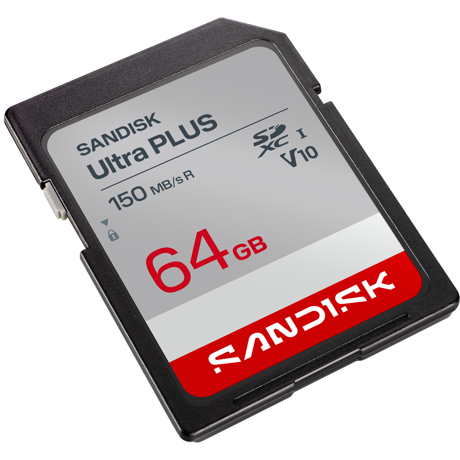 Een zwarte SanDisk Ultra Plus 64GB SDXC geheugenkaart met rood en grijs label.
