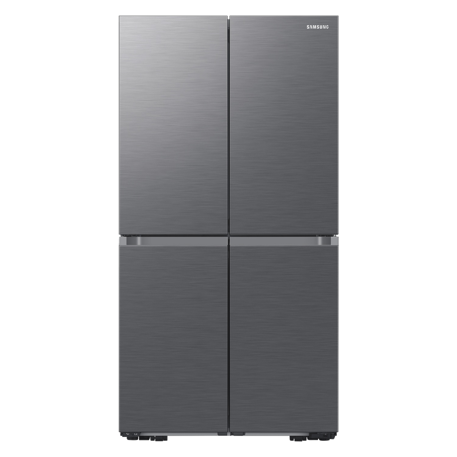 Moderno refrigerador gris de cuatro puertas Samsung con acabado de acero inoxidable sobre fondo blanco.