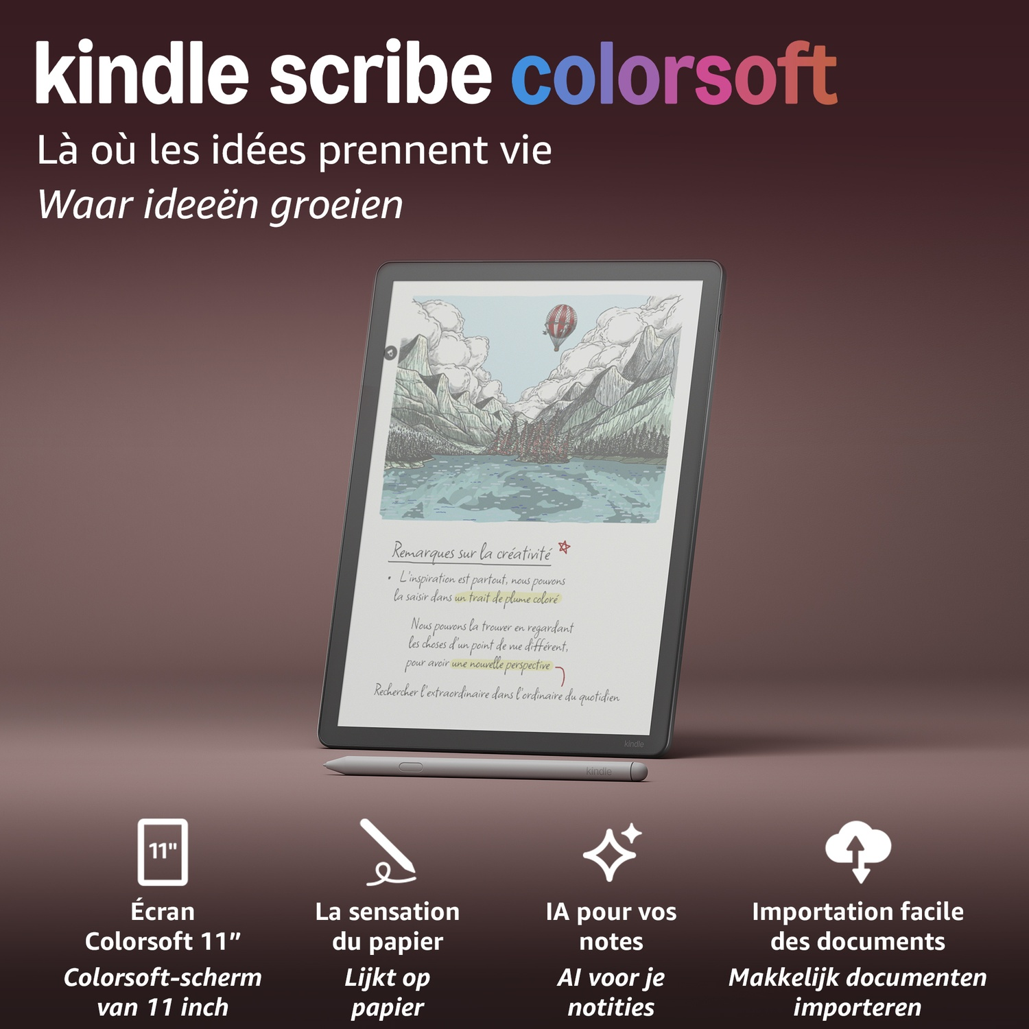 Kindle Scribe Colorsoft e-reader met stylus en gekleurde landschapsafbeelding op het scherm tegen donkere achtergrond.
