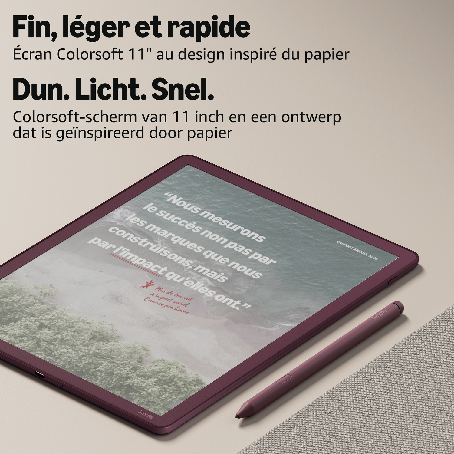 Een paarse tablet met stylus en tekst op het scherm tegen een beige achtergrond, met meertalige promotietekst.