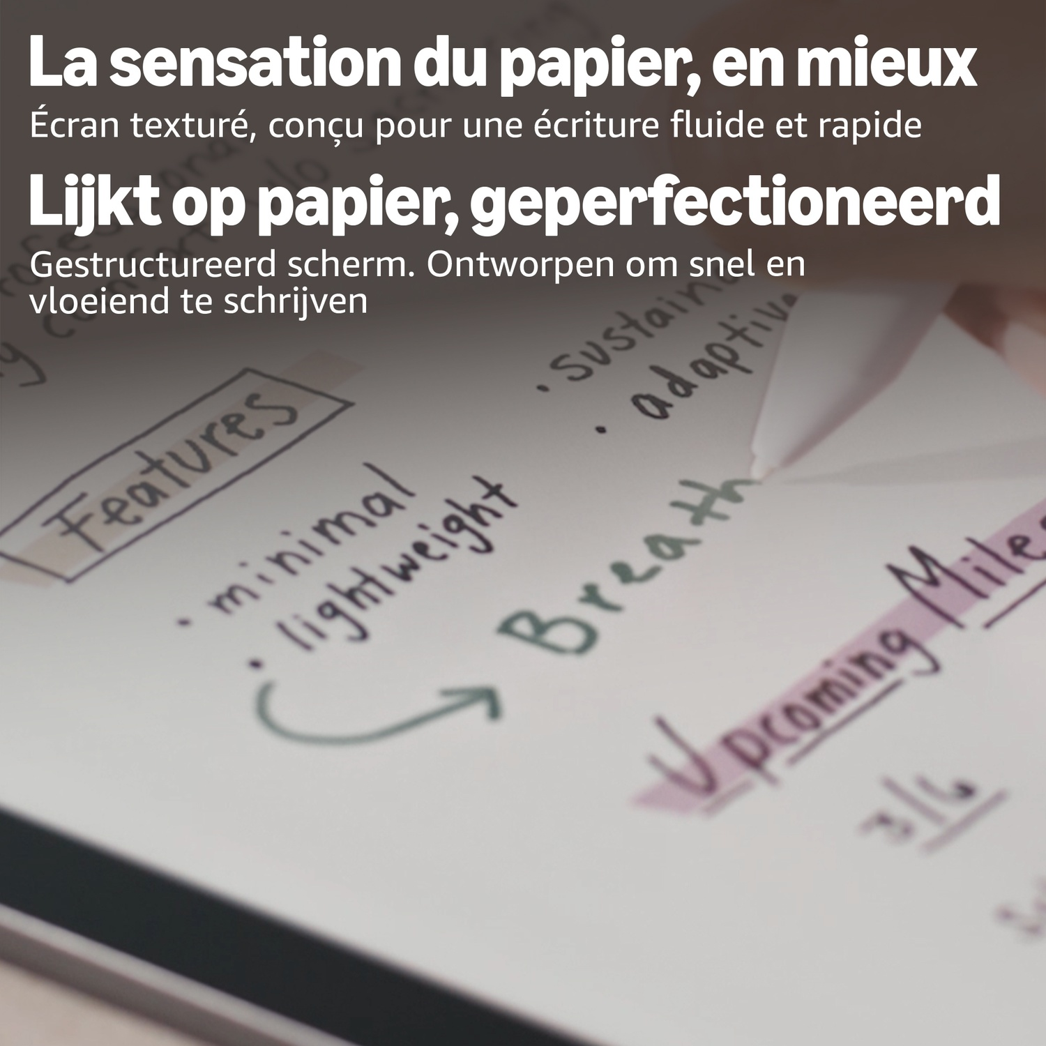 Een stylus schrijft notities op een gestructureerd scherm met promotietekst.