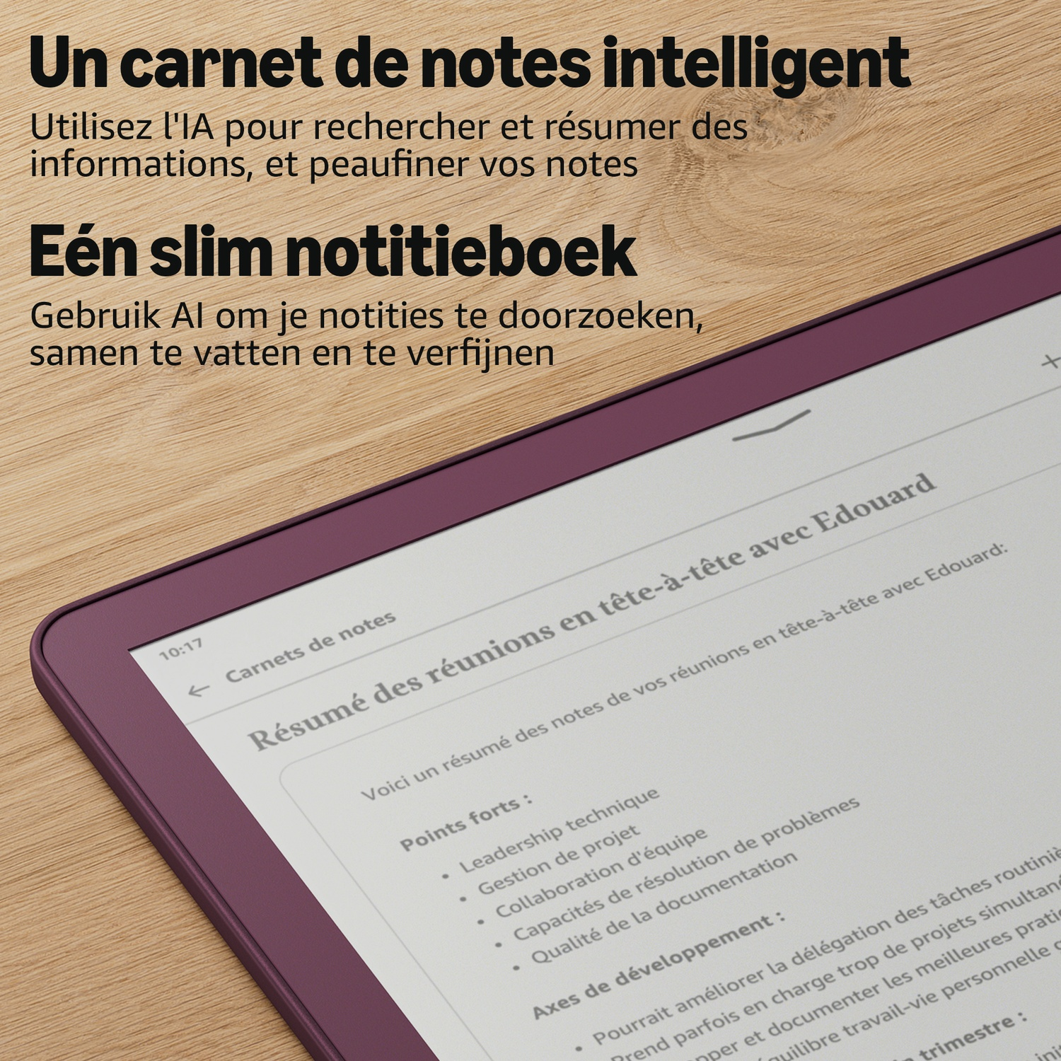 Een paarse e-reader met notities op een houten tafel, met Franse en Nederlandse tekst erboven.