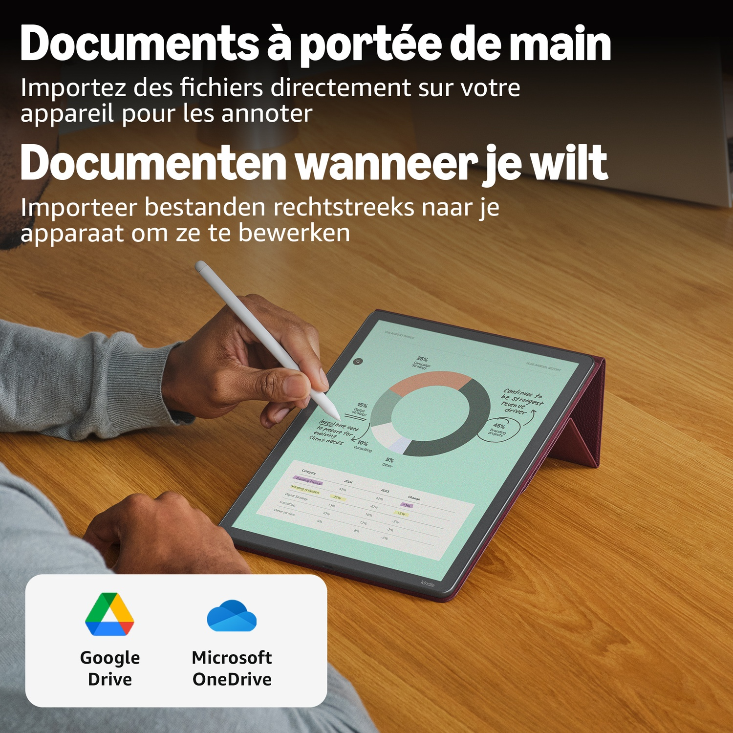 Iemand gebruikt een stylus op een digitale tablet met grafieken op een houten bureau.