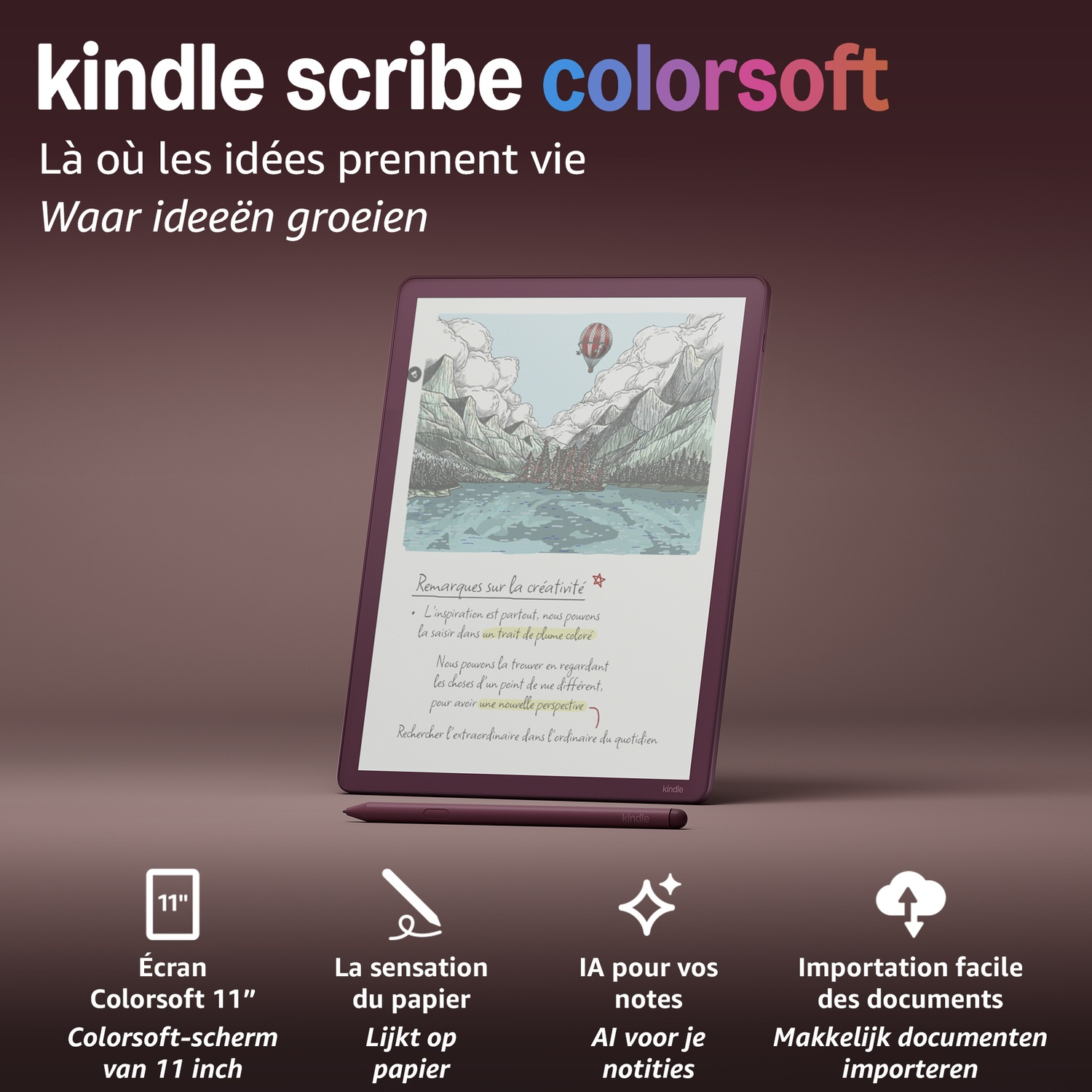 Een Kindle Scribe Colorsoft op een donker oppervlak met stylus eronder, omringd door promotietekst.