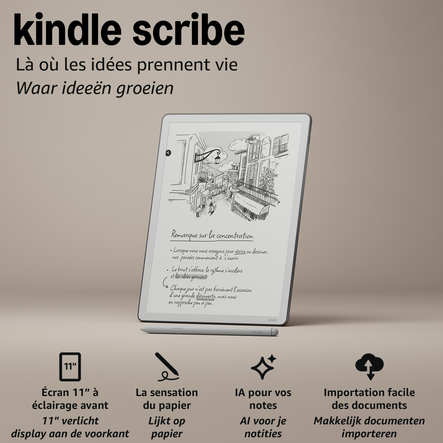 Kindle Scribe met stylus en functie-iconen met een 11-inch scherm.
