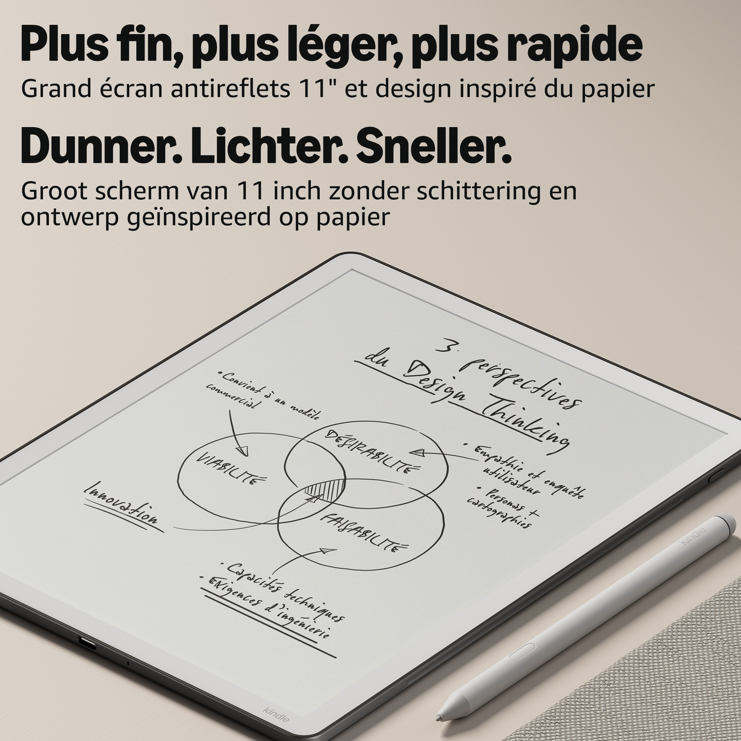 E-reader met handgeschreven design thinking-notities en een stylus ernaast.