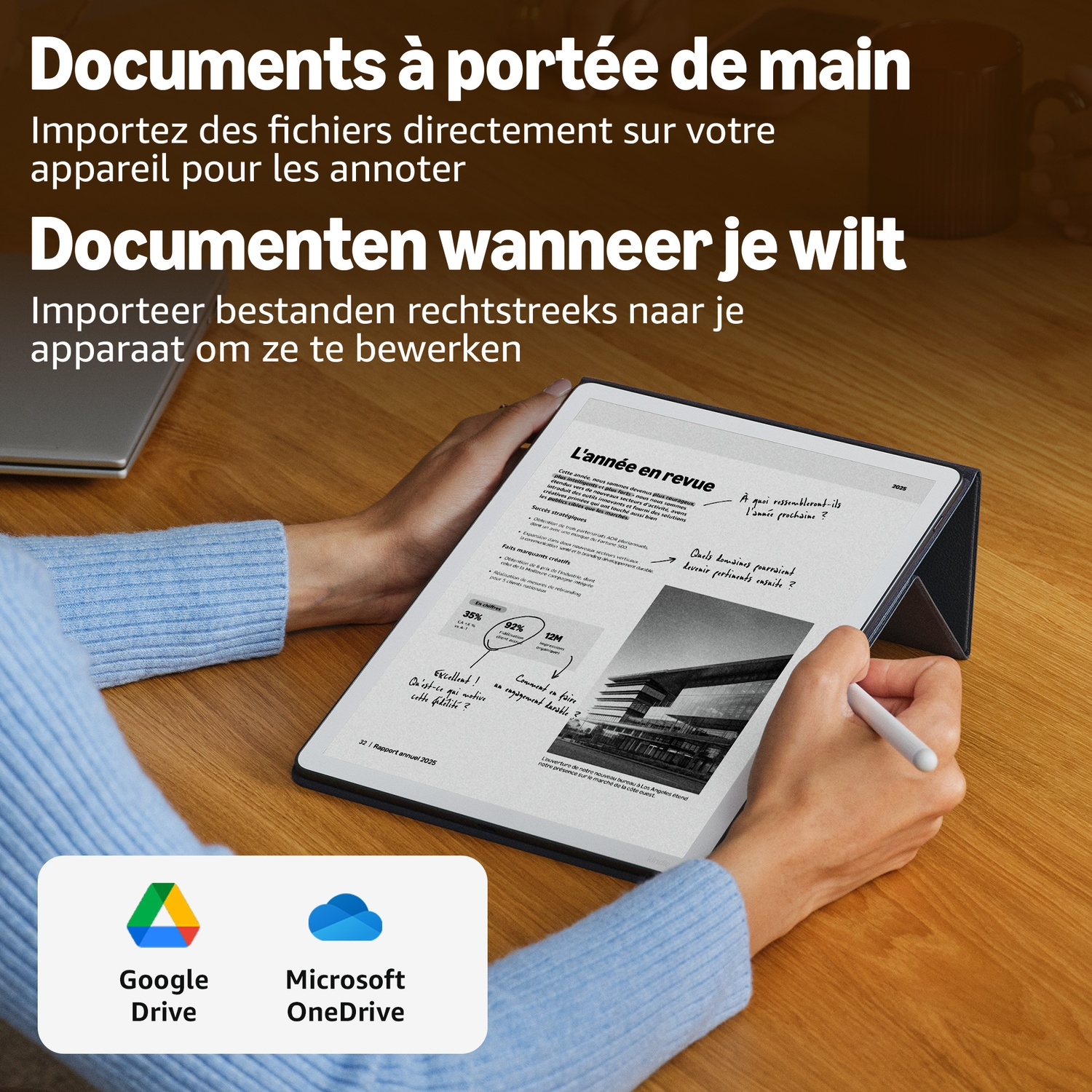Iemand schrijft op een tablet met een document, onderaan staan logo's van Google Drive en Microsoft OneDrive.