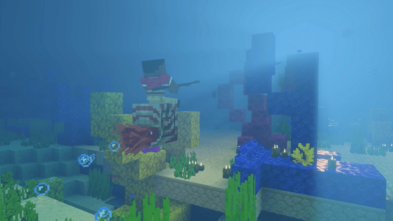 Minecraft-Figur reitet unter Wasser auf einem Nautilus inmitten bunter Korallenriffe und Blasen.