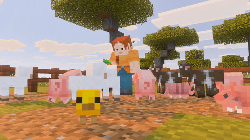 Eine Minecraft-Figur mit Tieren wie Schafen, Schweinen und Kühen in einem umzäunten Gehege.
