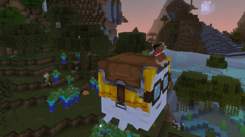 Minecraft-Szene mit Spielern auf einer großen Blockkreatur, umgeben von Zombies im Wald.