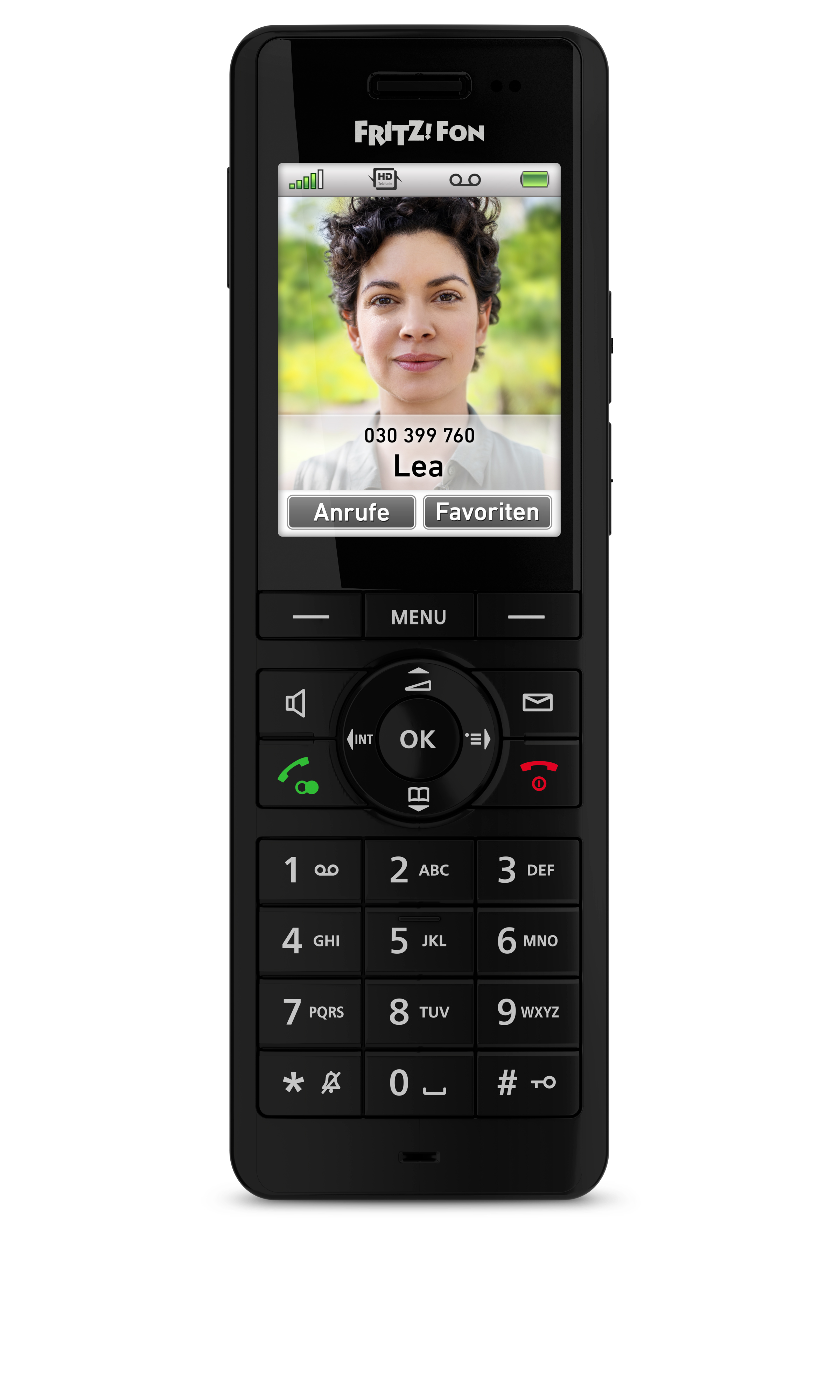 Schwarzes Fritz!Fon DECT-Telefon mit Farbdisplay zeigt das Foto und den Namen "Lea" sowie die Nummer an.