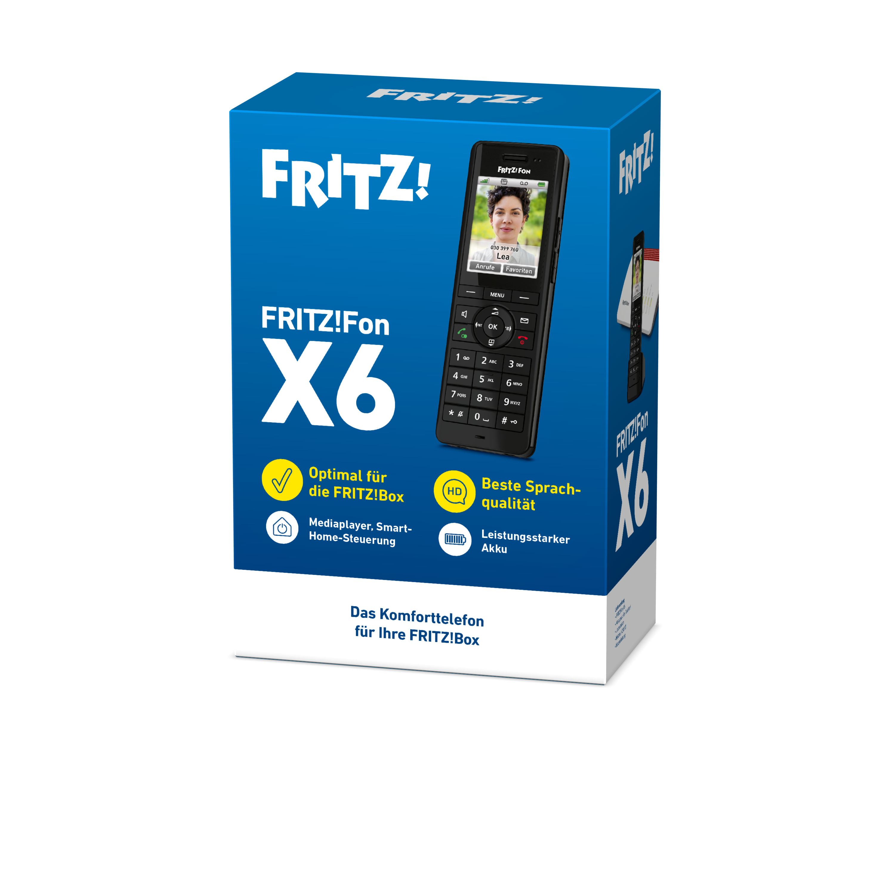 Blaue Produktverpackung des FRITZ!Fon X6 Telefon mit abgebildetem schwarzem Handgerät und Textdetails.