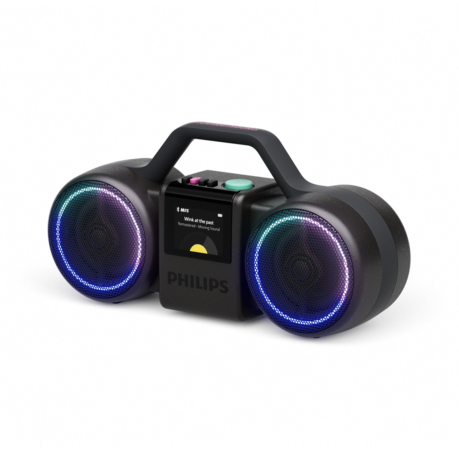 Ein schwarzer Philips Boombox-Lautsprecher mit runden Lautsprechern, blauer Beleuchtung und Display.