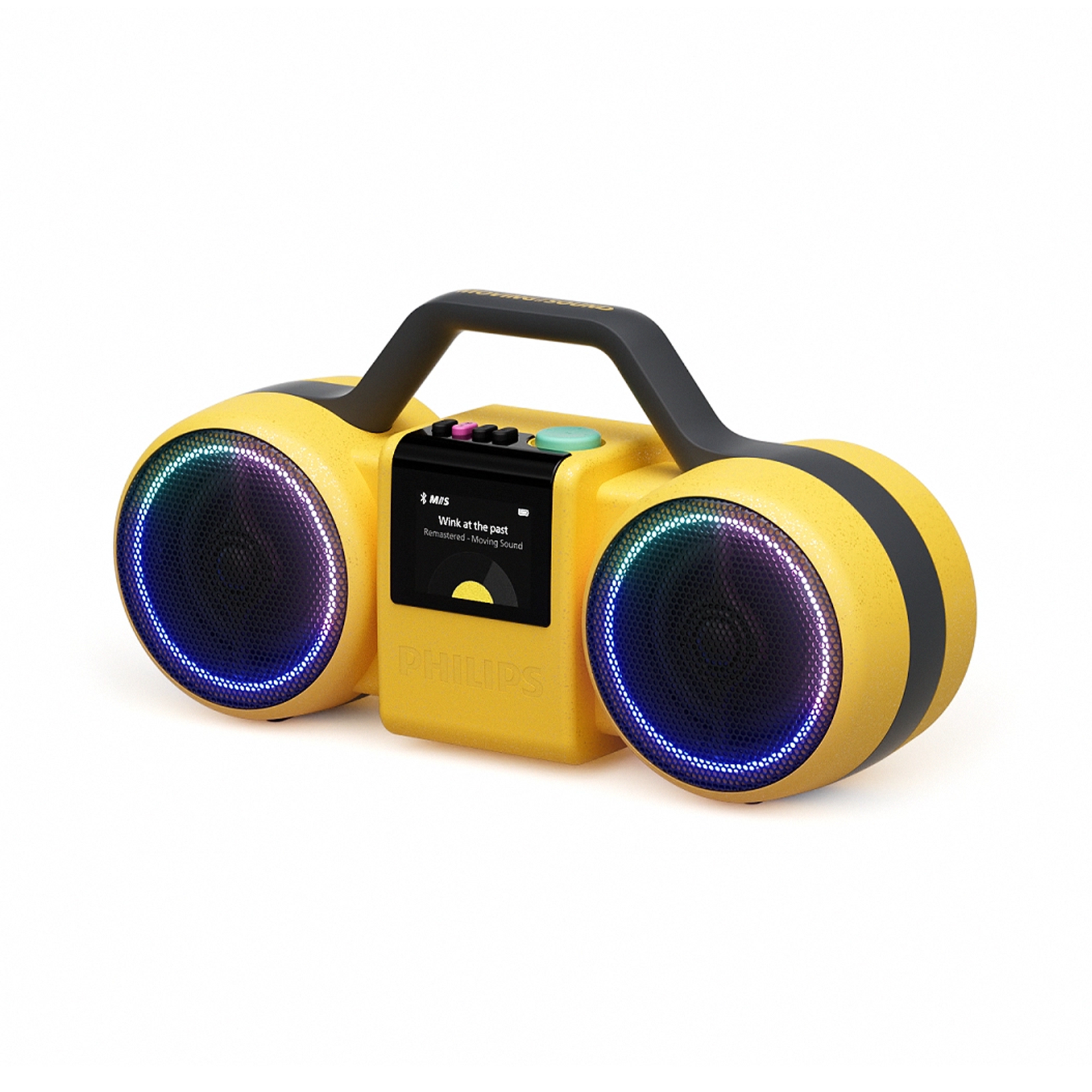 Ein gelber Philips-Boombox mit Leuchtringen um die Lautsprecher und einem schwarzen Tragegriff auf weißem Hintergrund.