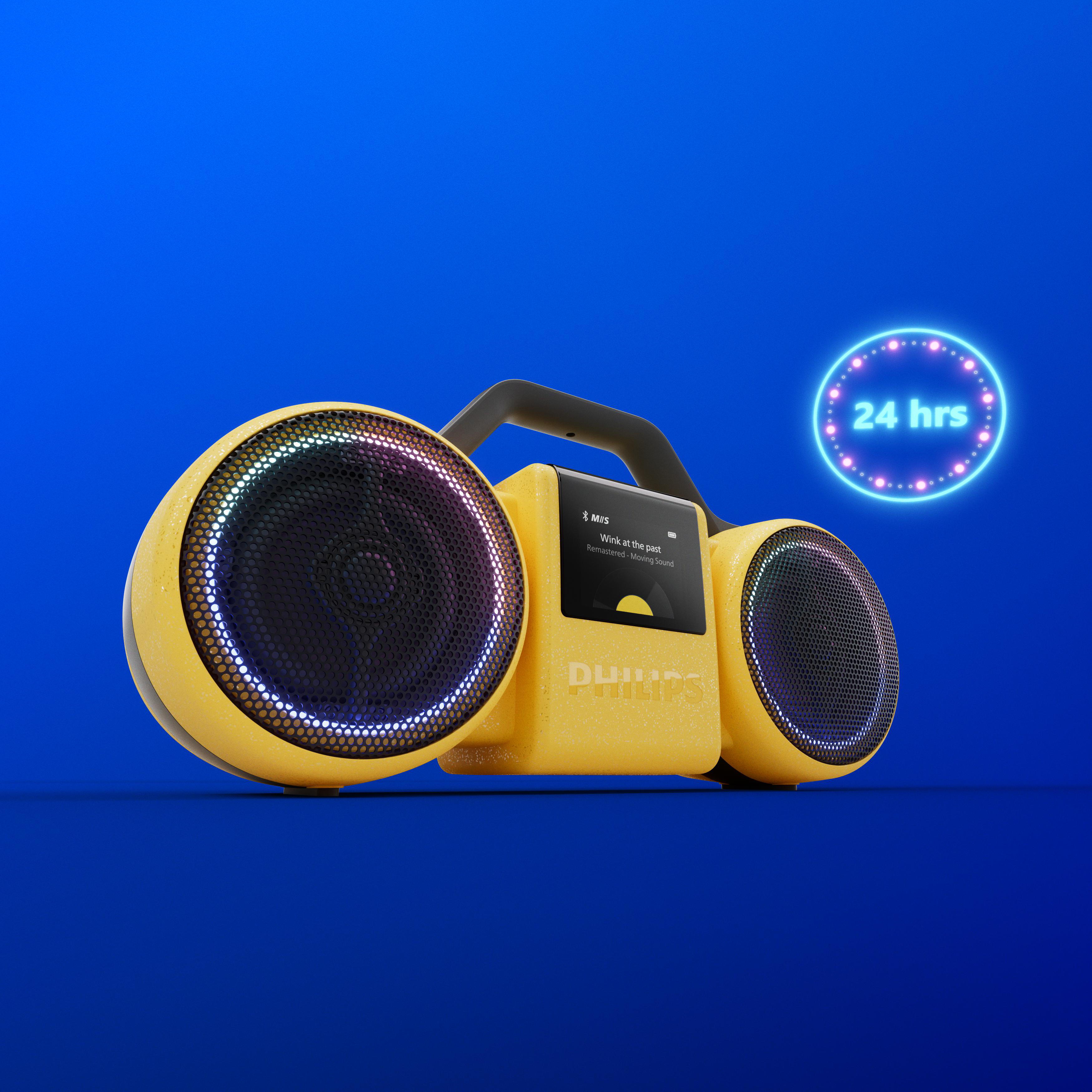 Gelber kabelloser Philips-Lautsprecher mit Griff, Leuchtdioden-Display und der Aufschrift 24 hrs vor blauem Hintergrund.