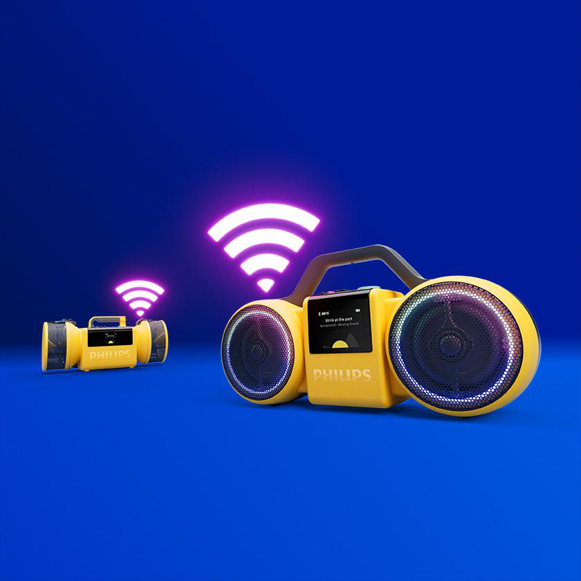 Zwei gelbe Philips-Radios mit leuchtenden WLAN-Symbolen stehen vor einem blauen Hintergrund.