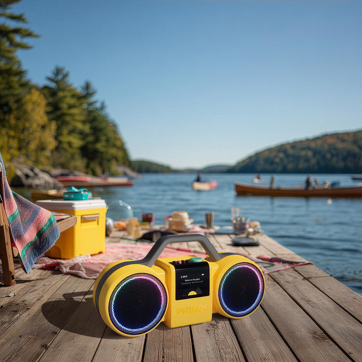Eine gelbe Philips Boombox mit leuchtenden Lautsprechern steht auf einem Holzsteg an einem See mit Kanus im Hintergrund.
