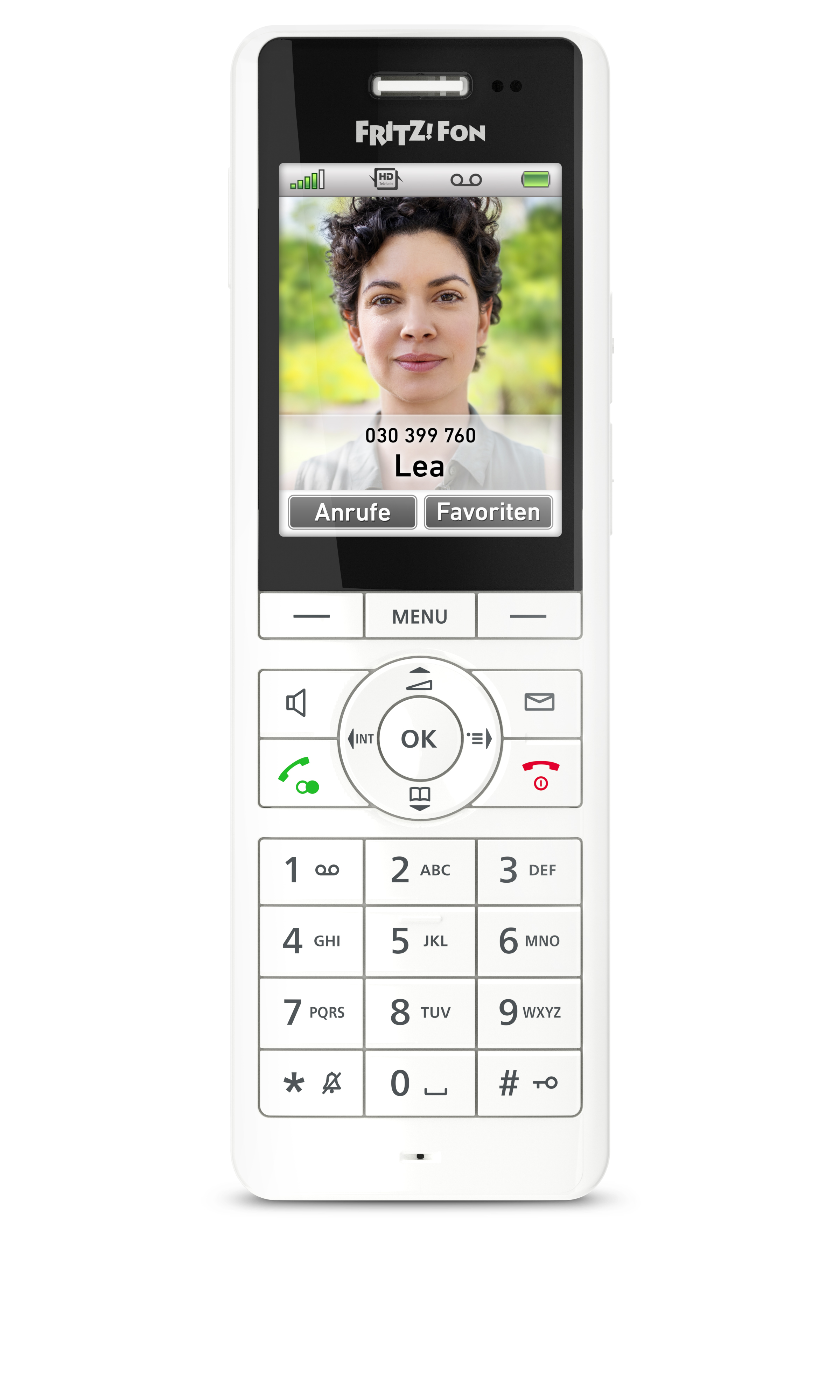 Weißes Fritz!Fon-Telefon mit Farbdisplay zeigt das Foto und den Namen Lea eines Anrufers an.