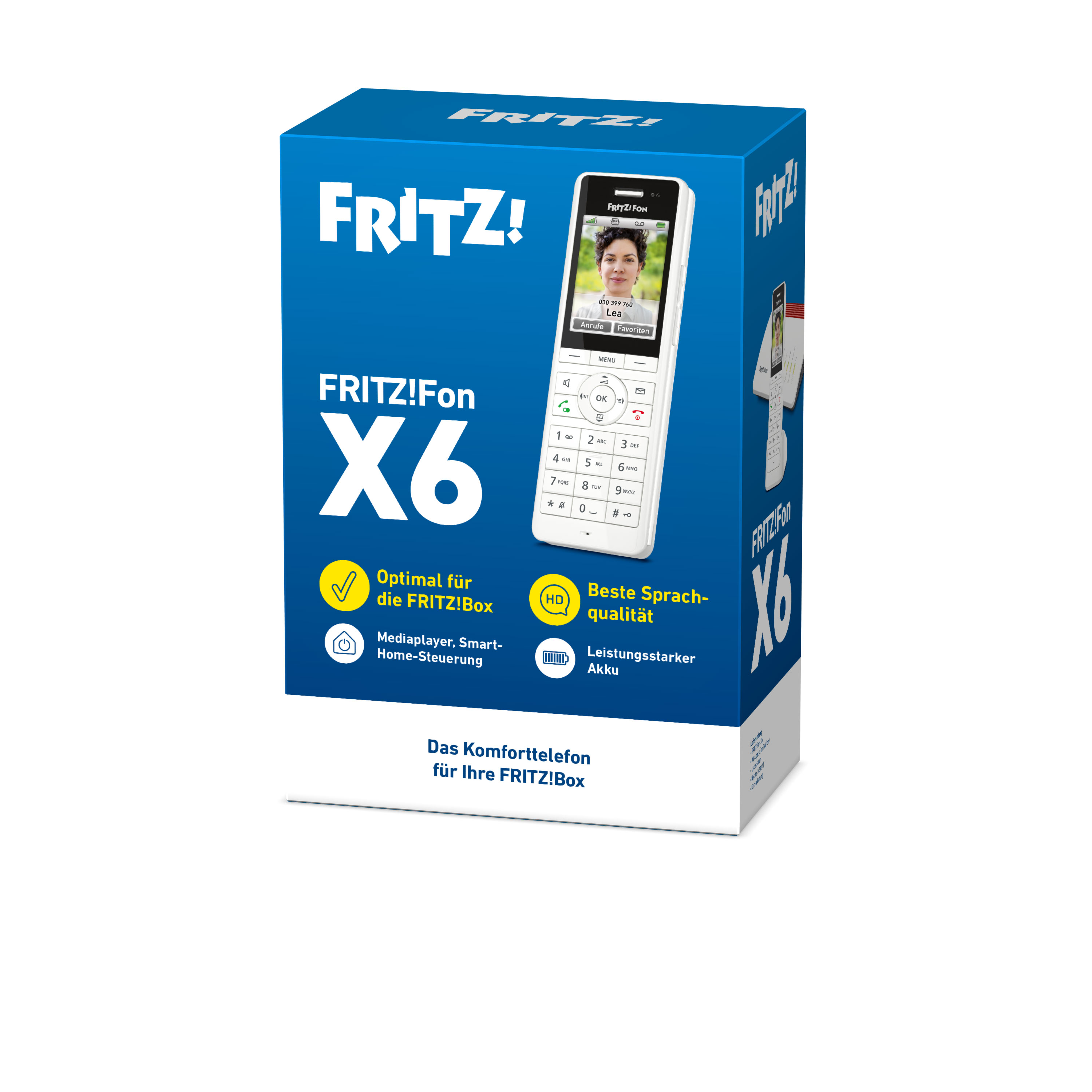 Blaue Produktverpackung des Fritz!Fon X6 Telefon mit weißem Mobilteil, Display und Tasten.