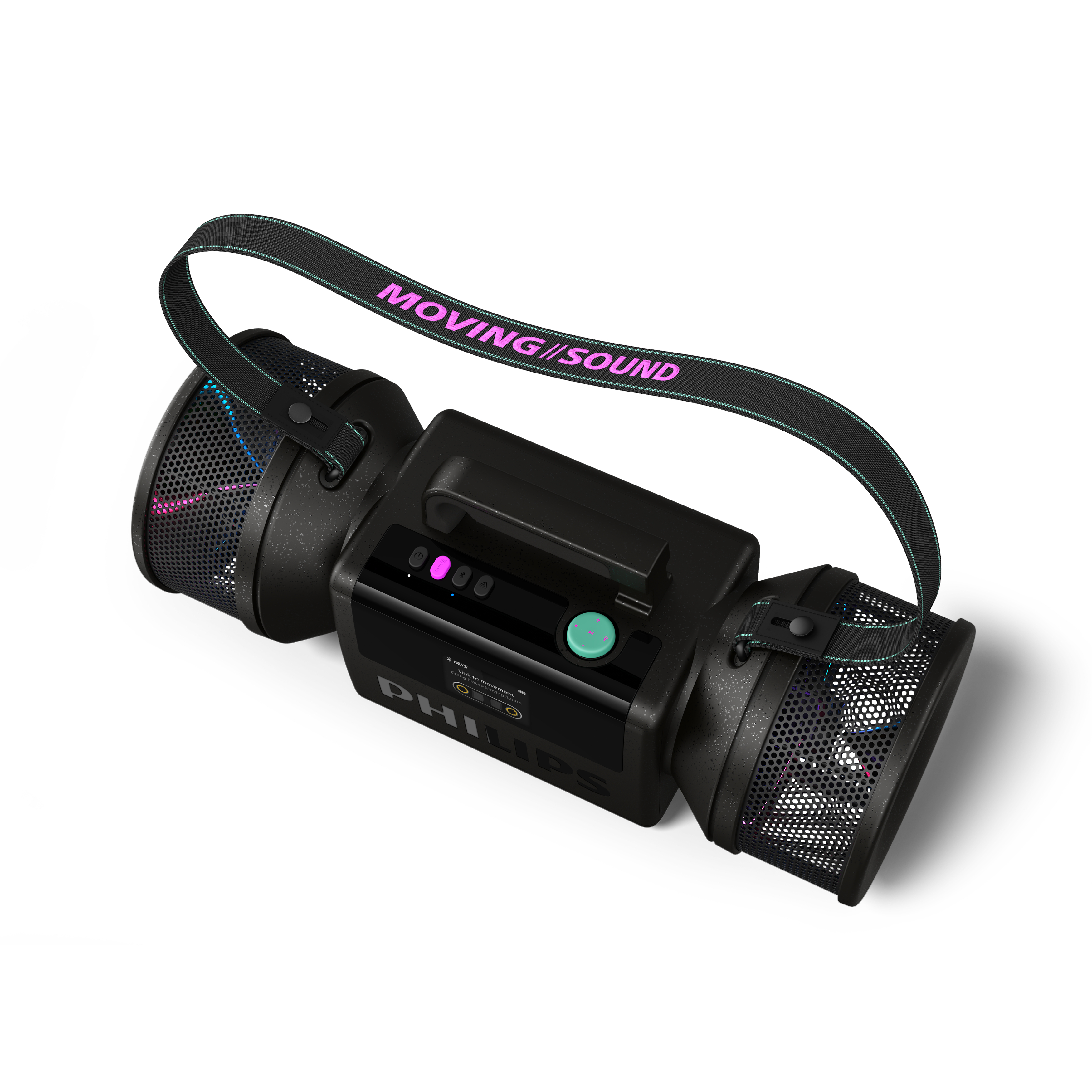 Schwarzer tragbarer Philips Lautsprecher mit Textgurt und bunten Lichtern.