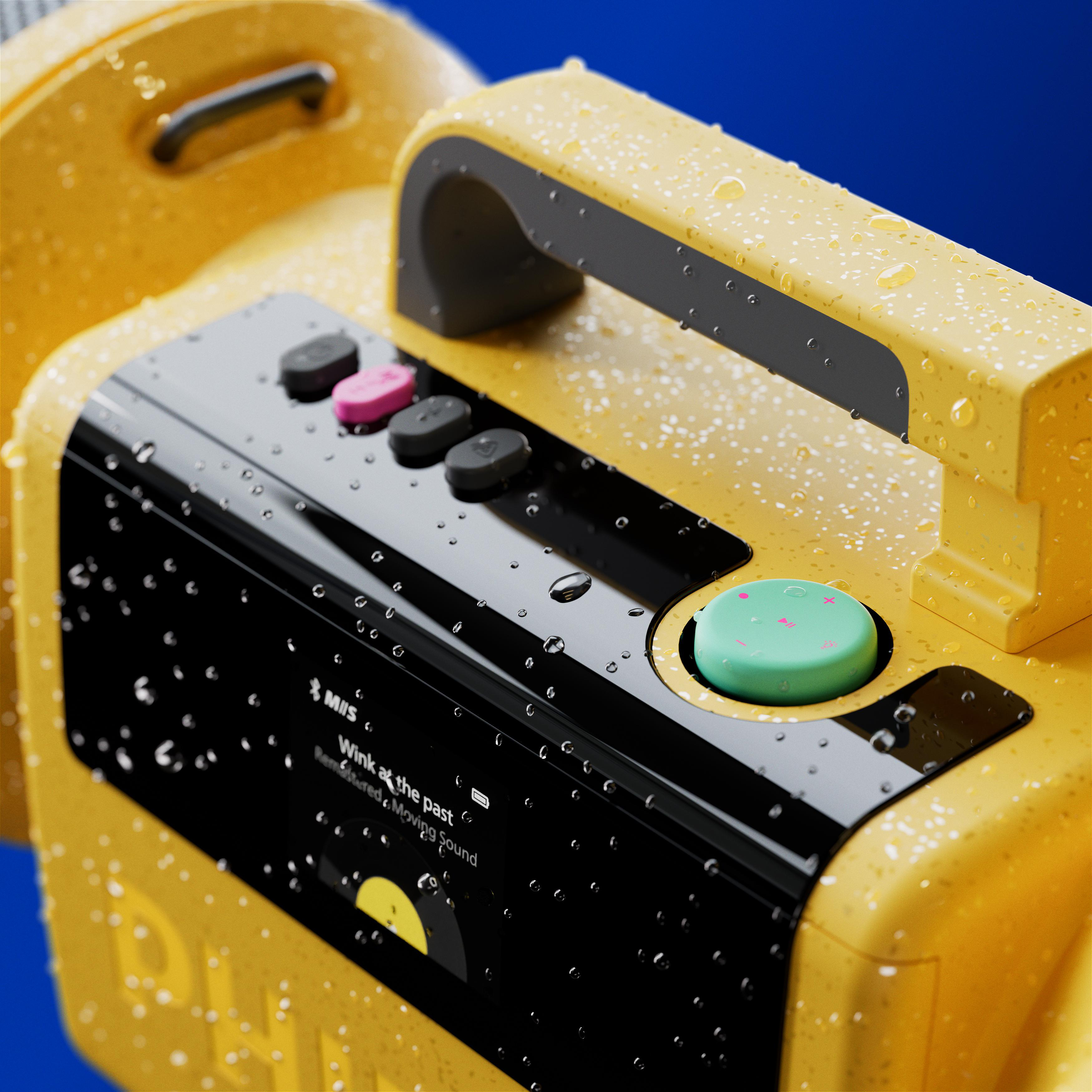 Ein gelbes, wasserbedecktes Audiosystem mit bunten Tasten und einem Display vor blauem Hintergrund.