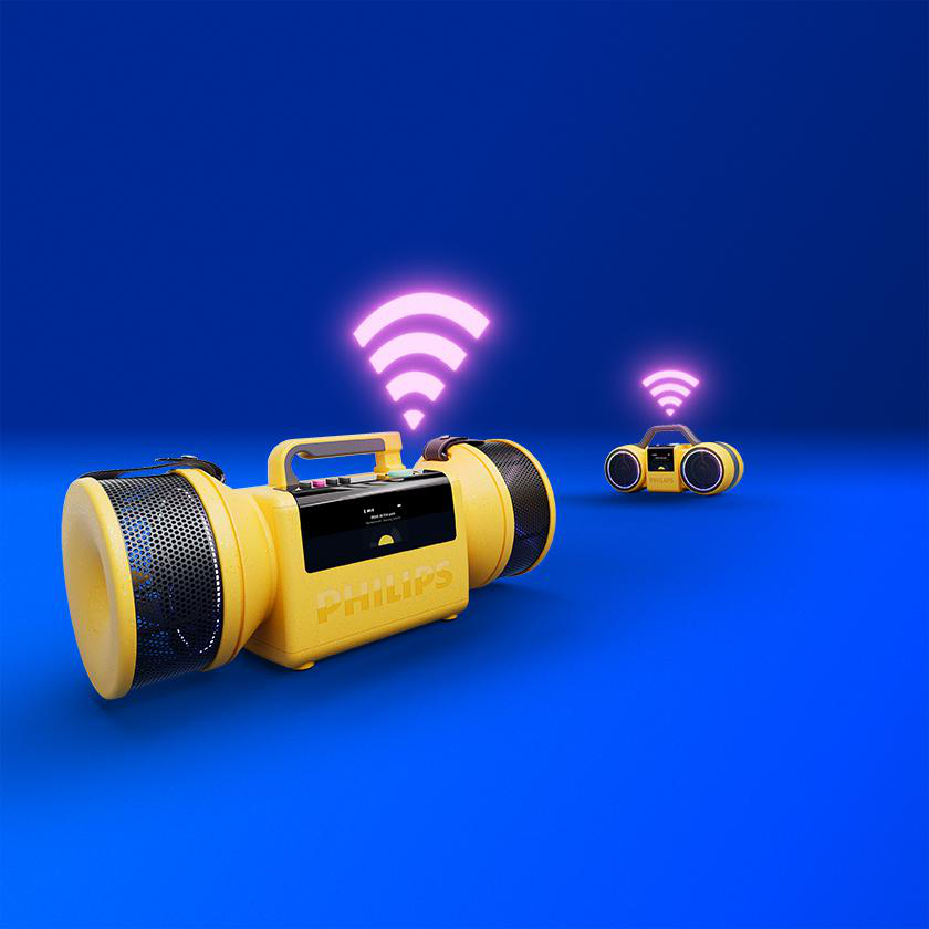 Zwei gelbe Philips-Radios mit Leuchtsymbolen stehen auf blauem Hintergrund.