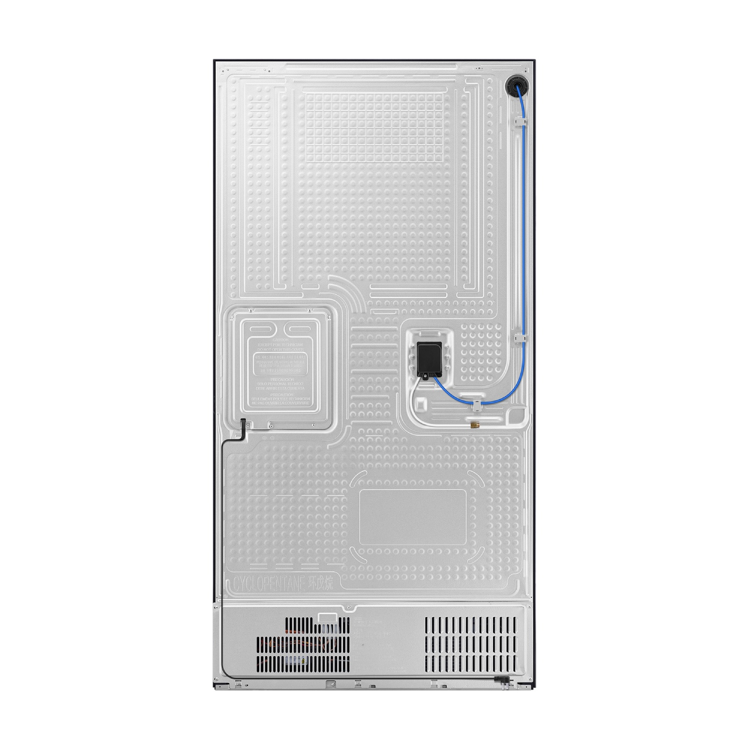 Vista trasera de un refrigerador moderno con panel de metal plateado, cableado y rejillas de ventilación.
