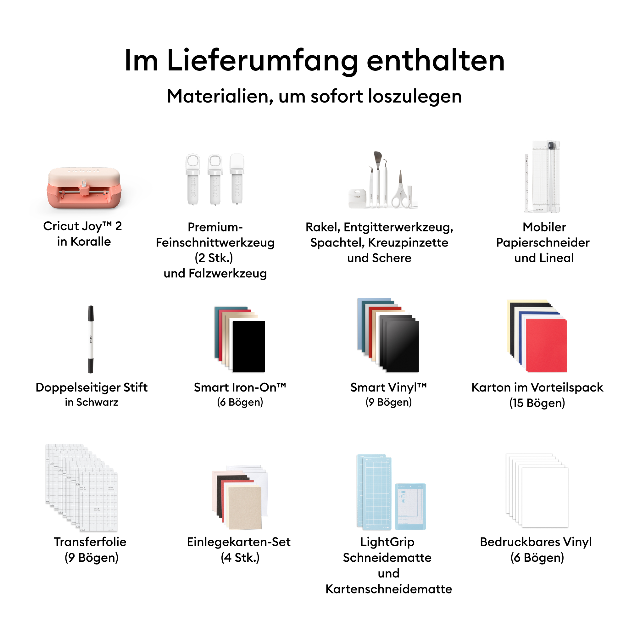 Übersicht der im Cricut Joy 2 Set enthaltenen Materialien wie Werkzeuge, Klingen, Folien, Papier und Matten.