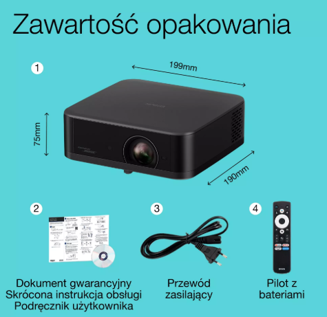 Zawartość: projektor z wymiarami, instrukcja, przewód i pilot.