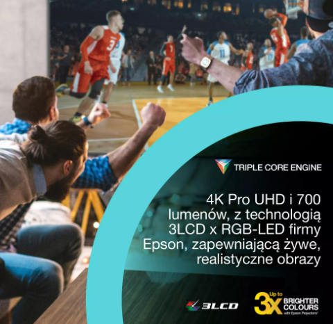 Reklama projektora Epson z koszykarzami w tle i tekstem o Triple Core Engine i 3LCD.