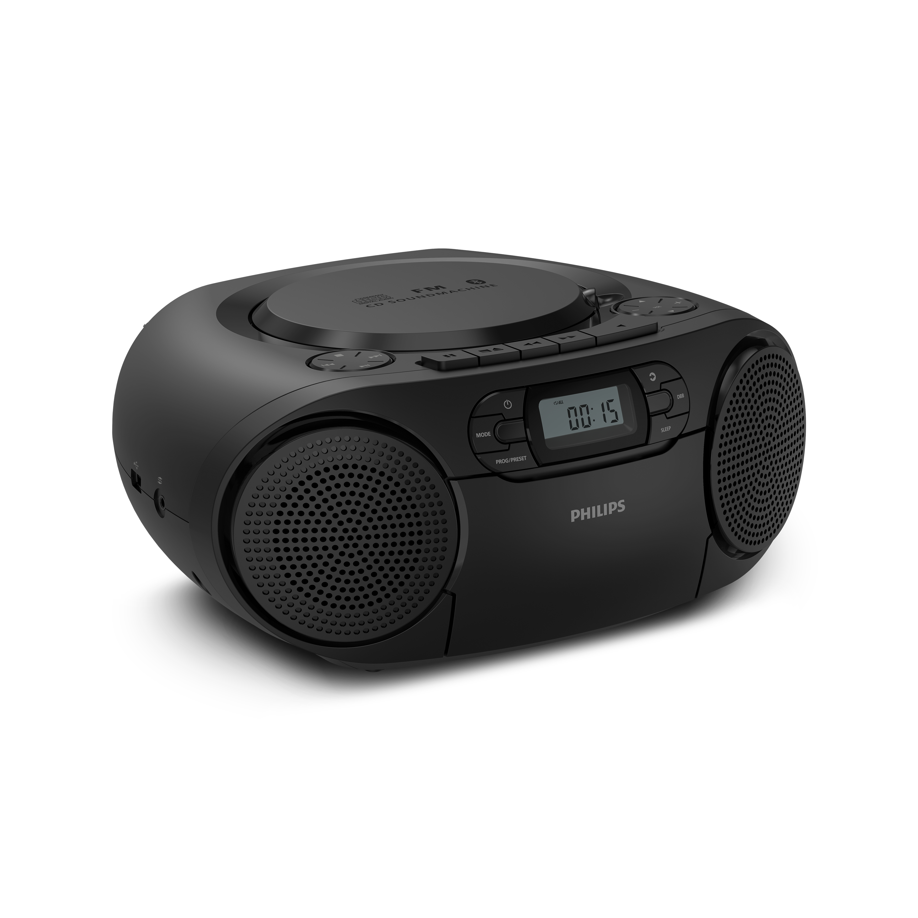 Schwarze tragbare Philips CD-Soundmachine mit Digitaldisplay und integrierten Lautsprechern auf weißem Grund.