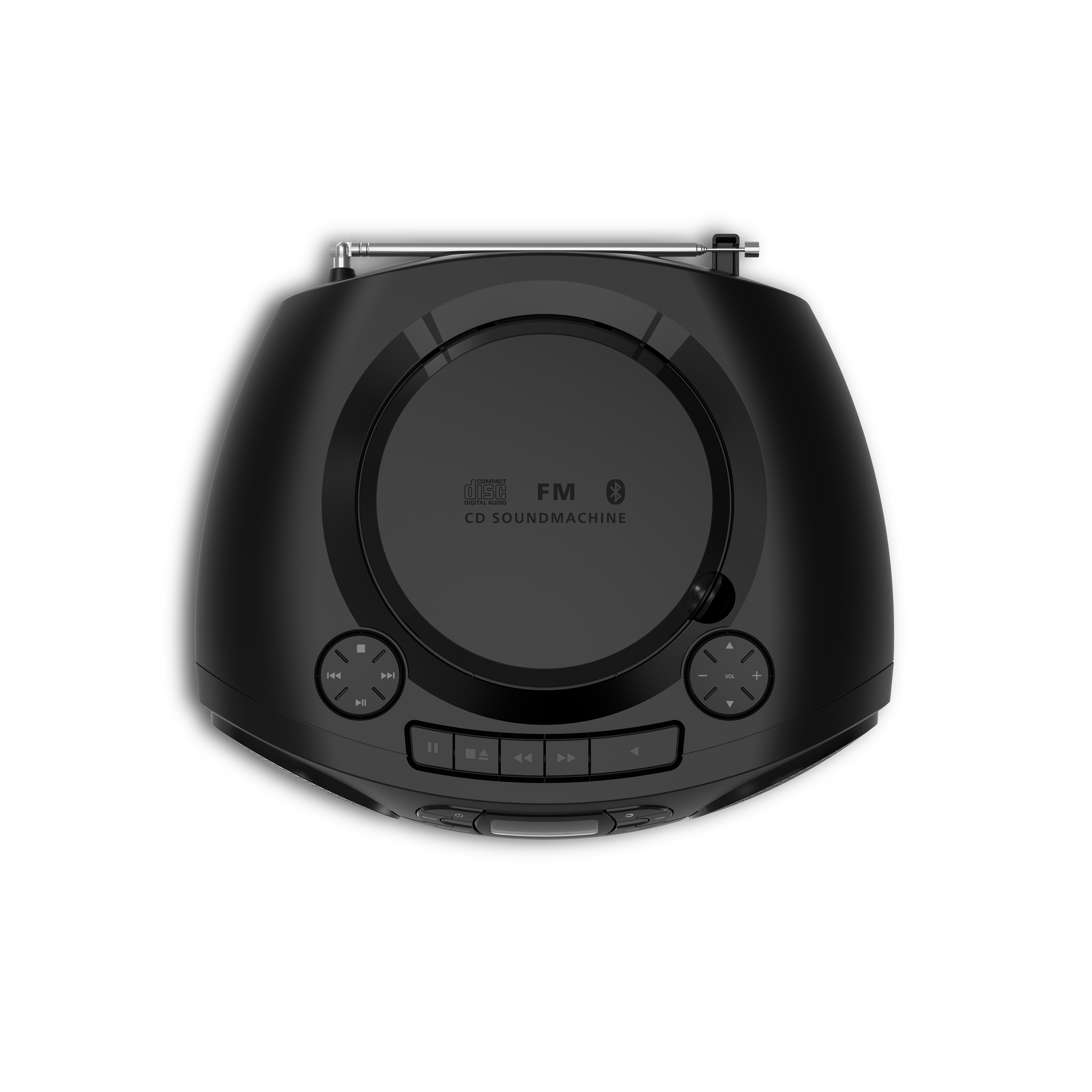 Ein schwarzes CD-Soundmachine-Radio von oben mit Antenne, zentralem CD-Fach und Steuerungs-Tasten.