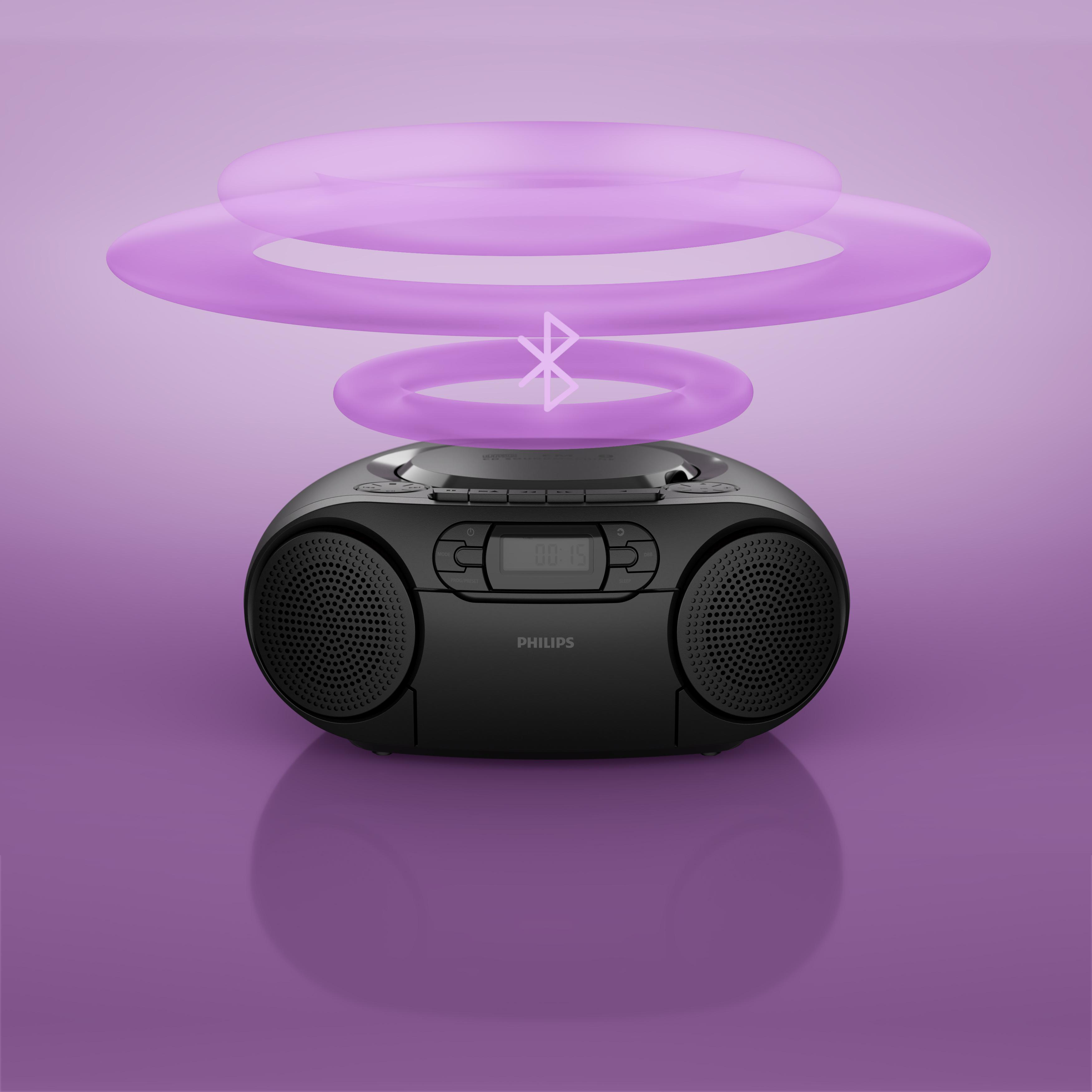 Ein schwarzes Philips-Radio mit runden Lautsprechern, das Bluetooth-Wellen auf violettem Hintergrund abstrahlt.