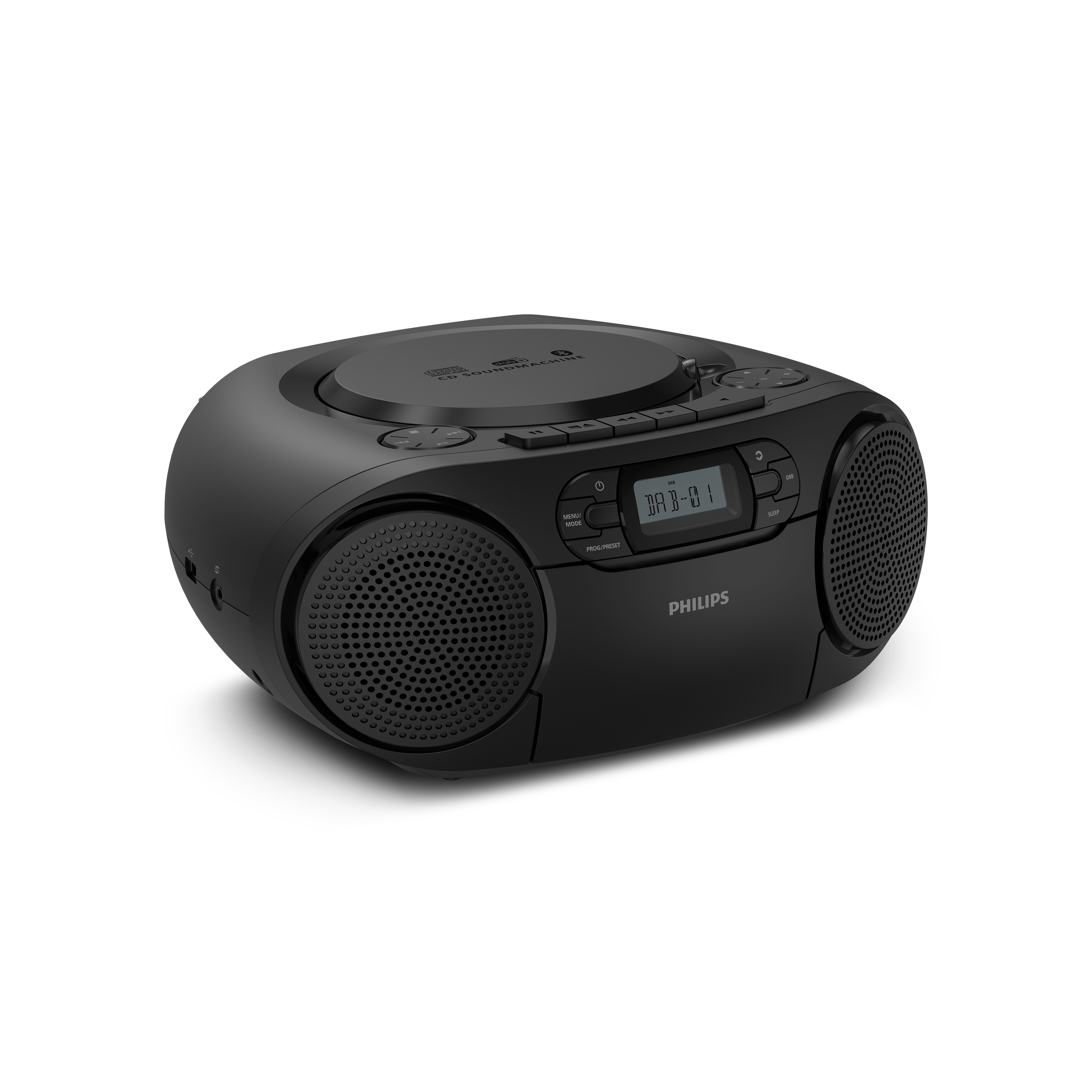 Ein schwarzes tragbares Philips CD-Soundmachine Radio mit zwei Lautsprechern und digitalem Display vor weißem Hintergrund.