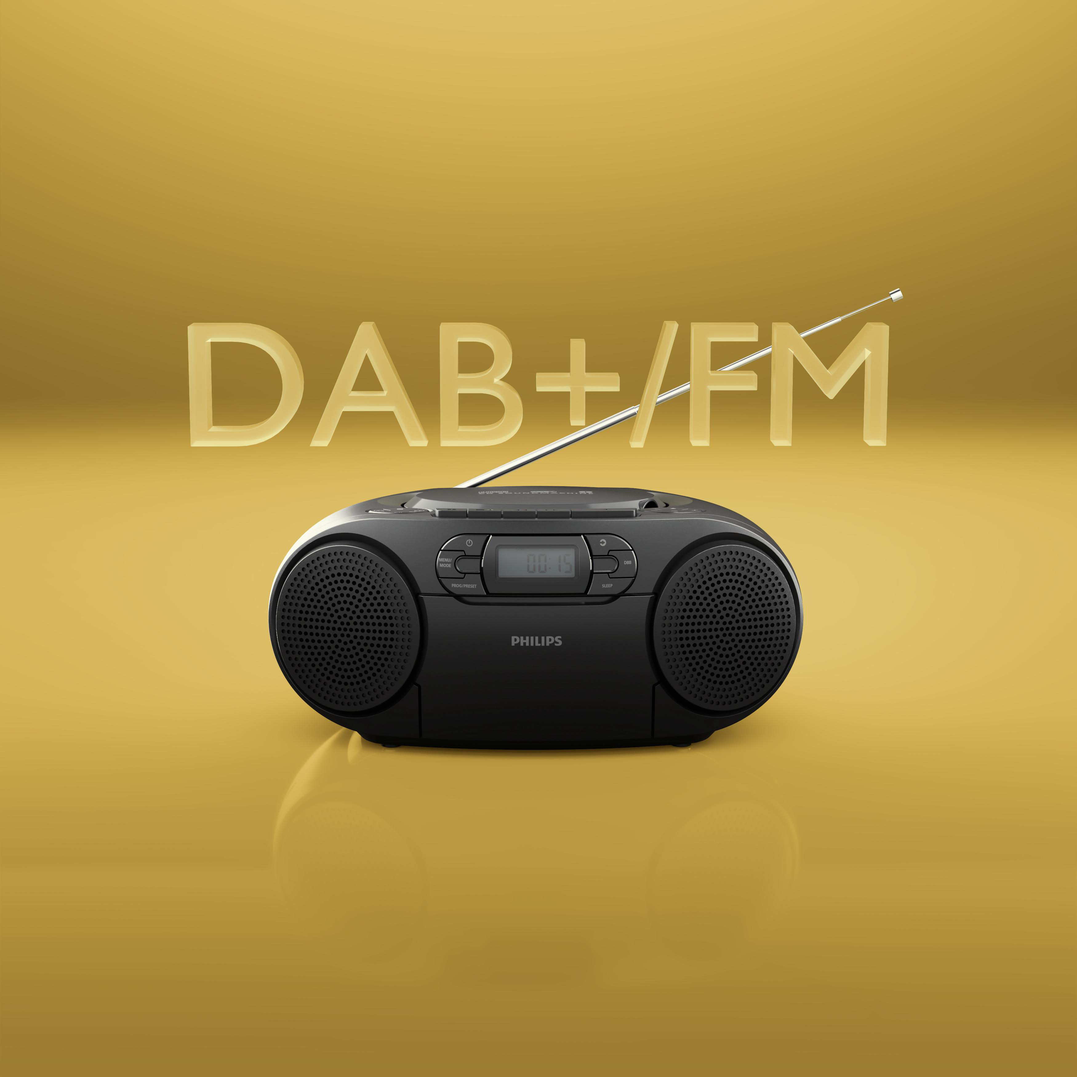 Ein schwarzes Philips DAB+/FM-Radio vor einem goldenen Hintergrund mit dem Text DAB+/FM.