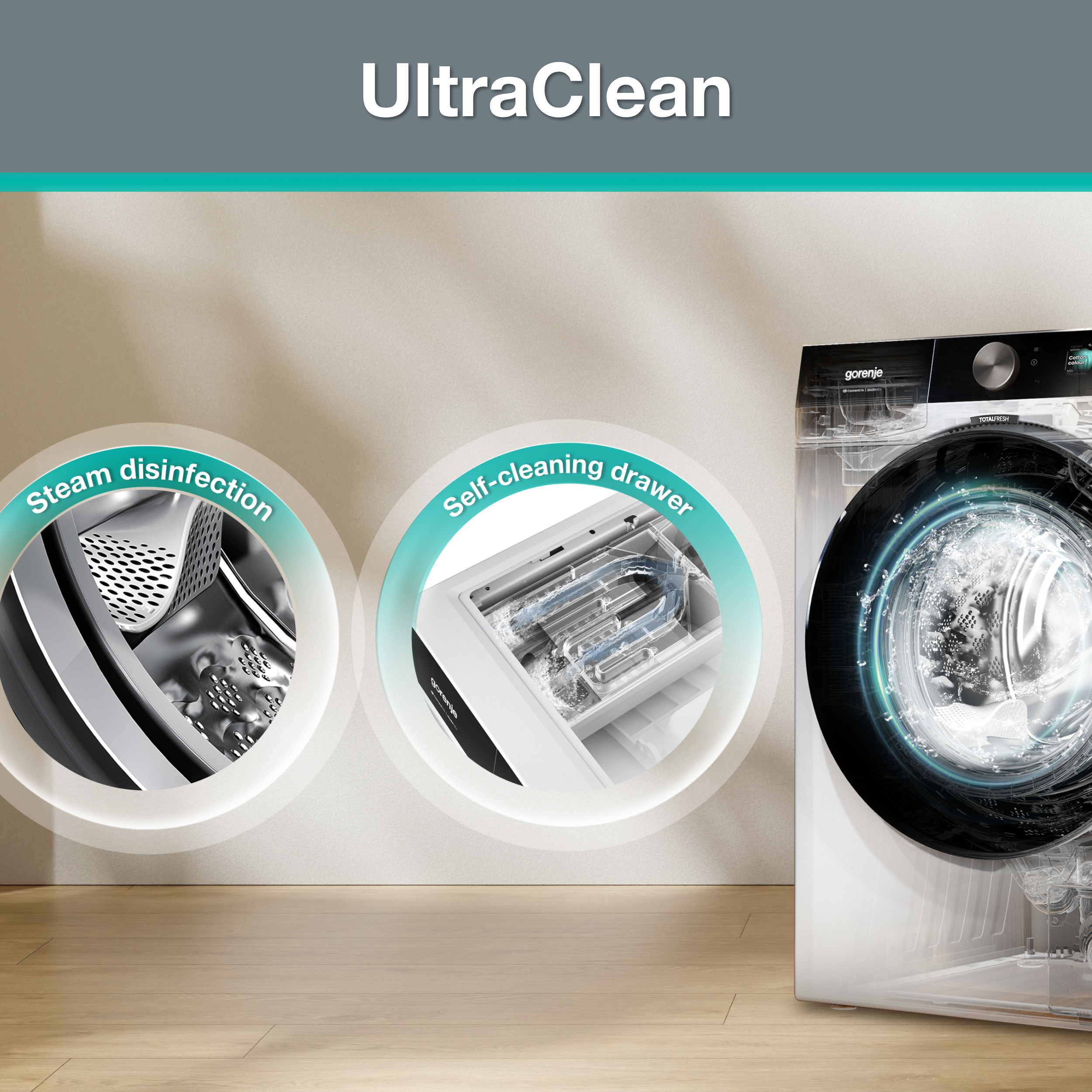 Werbebild für eine Gorenje Waschmaschine mit Dampfdesinfektion und selbstreinigender Schublade.