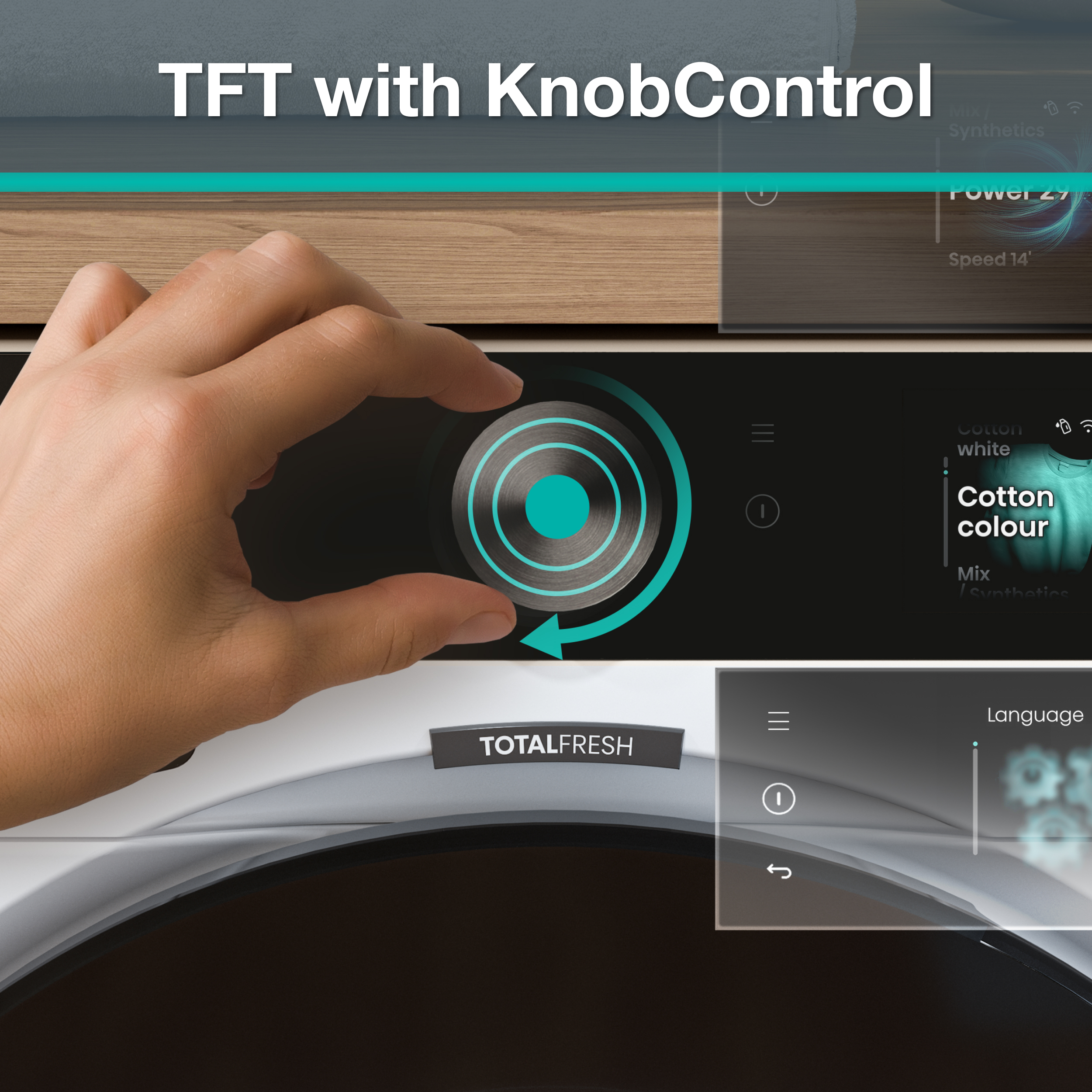 Hand bedient den Drehknopf einer Totalfresh Waschmaschine mit TFT-Display.
