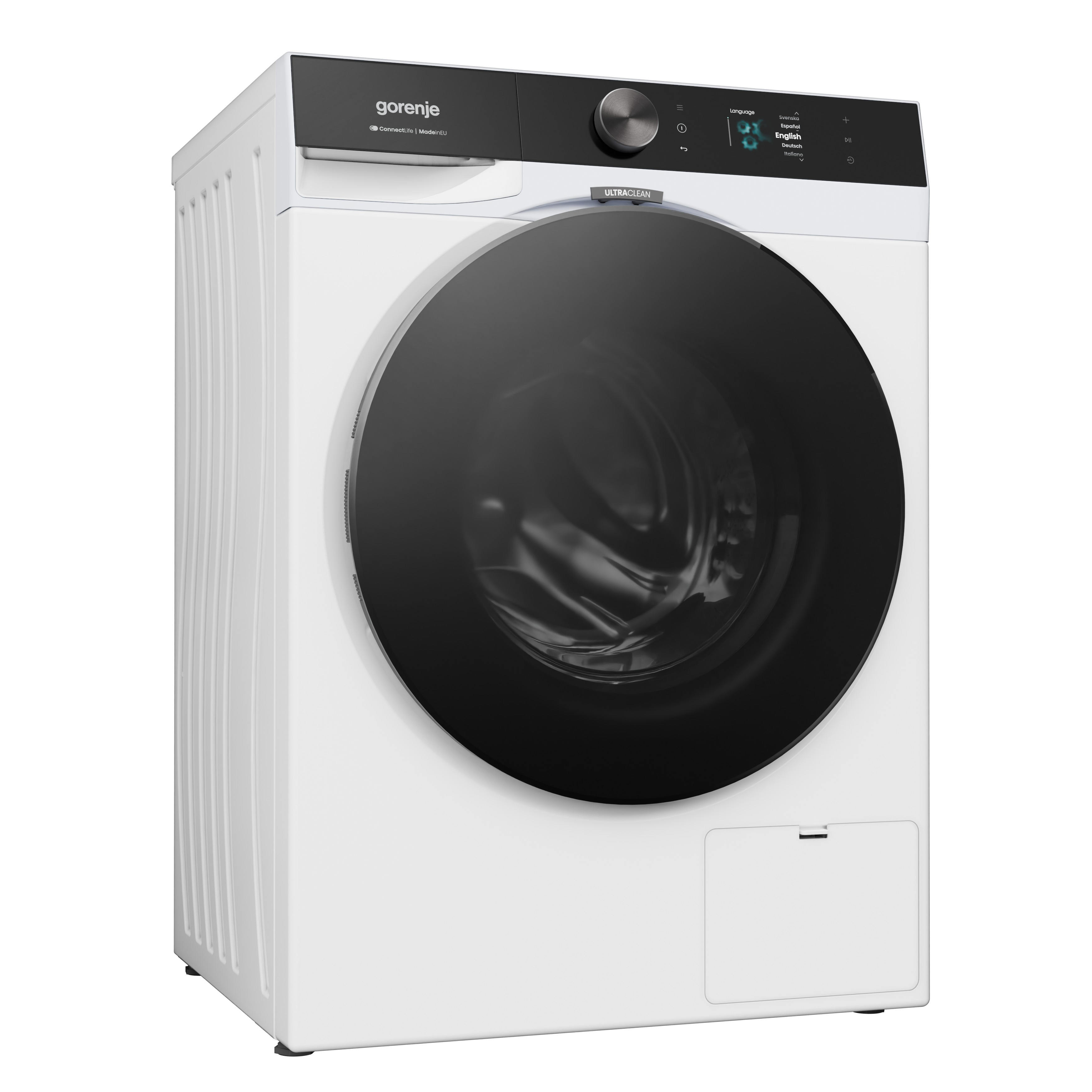 Eine weiße Gorenje Waschmaschine mit schwarzem Bedienfeld und runder Glastür auf einem weißen Hintergrund.