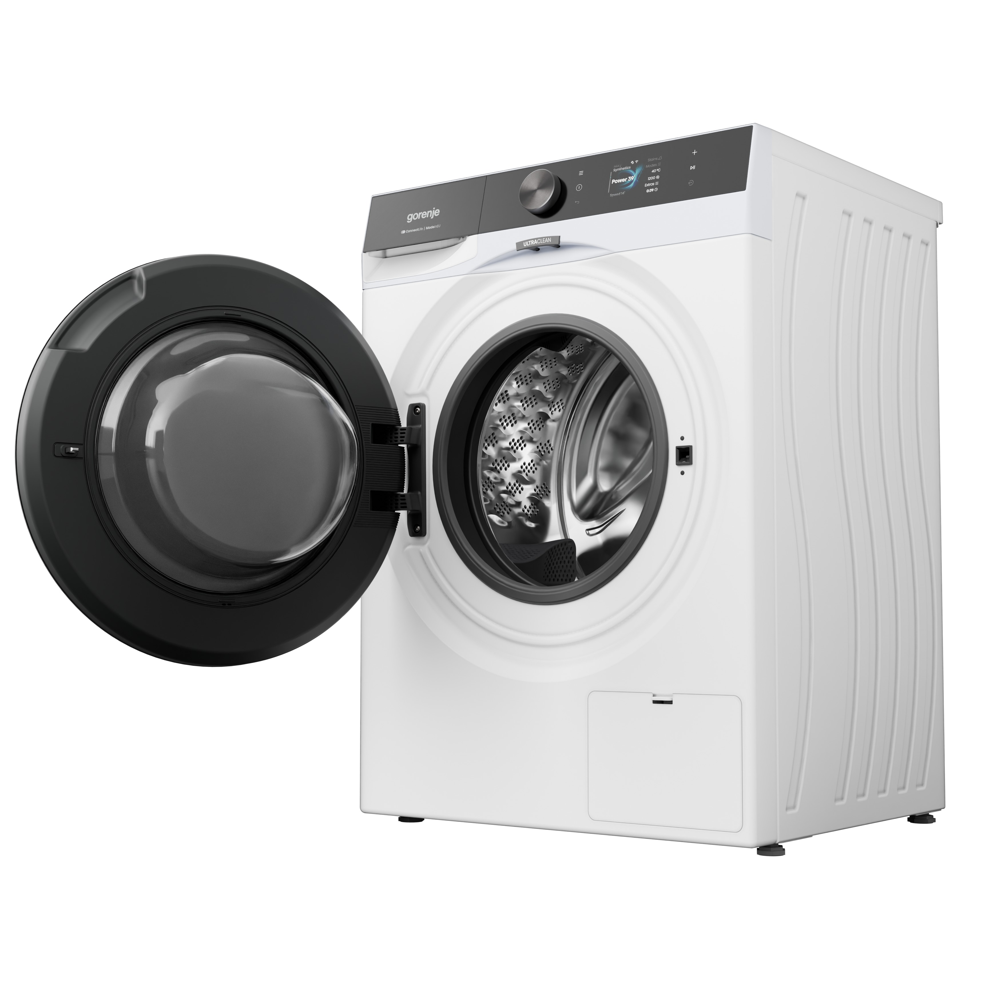 Eine weiße Gorenje-Waschmaschine mit geöffneter schwarzer Glastür und digitalem Display.