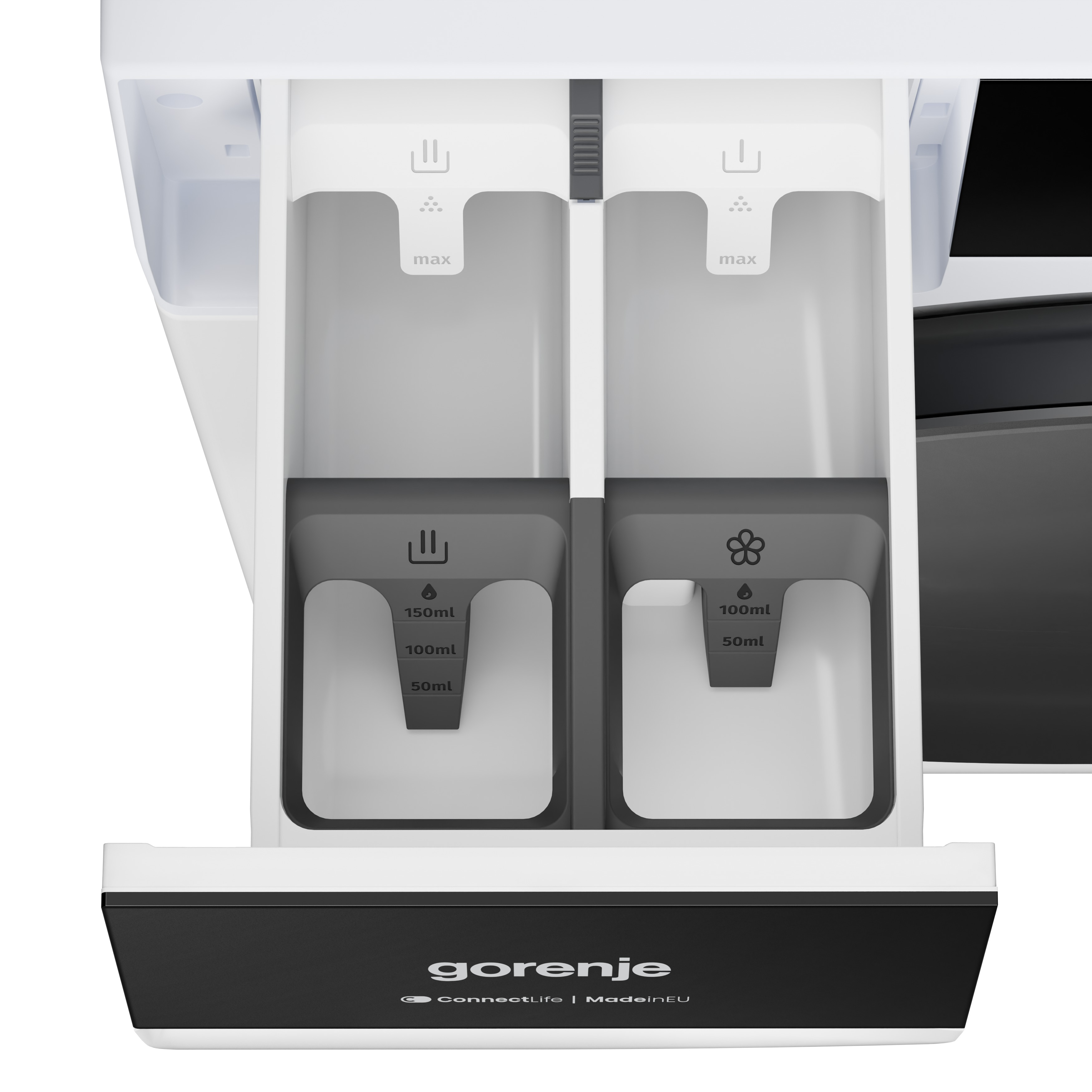 Offene Waschmittelschublade einer Gorenje-Waschmaschine mit zwei Kammern und Füllstandsanzeigen.