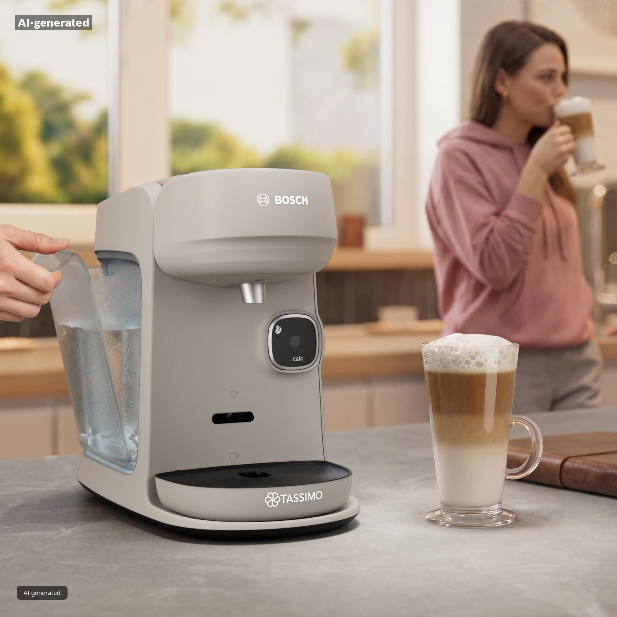 Eine graue Bosch Tassimo Kaffeemaschine auf einer Theke mit einer Tasse Latte Macchiato und einer Frau im Hintergrund.