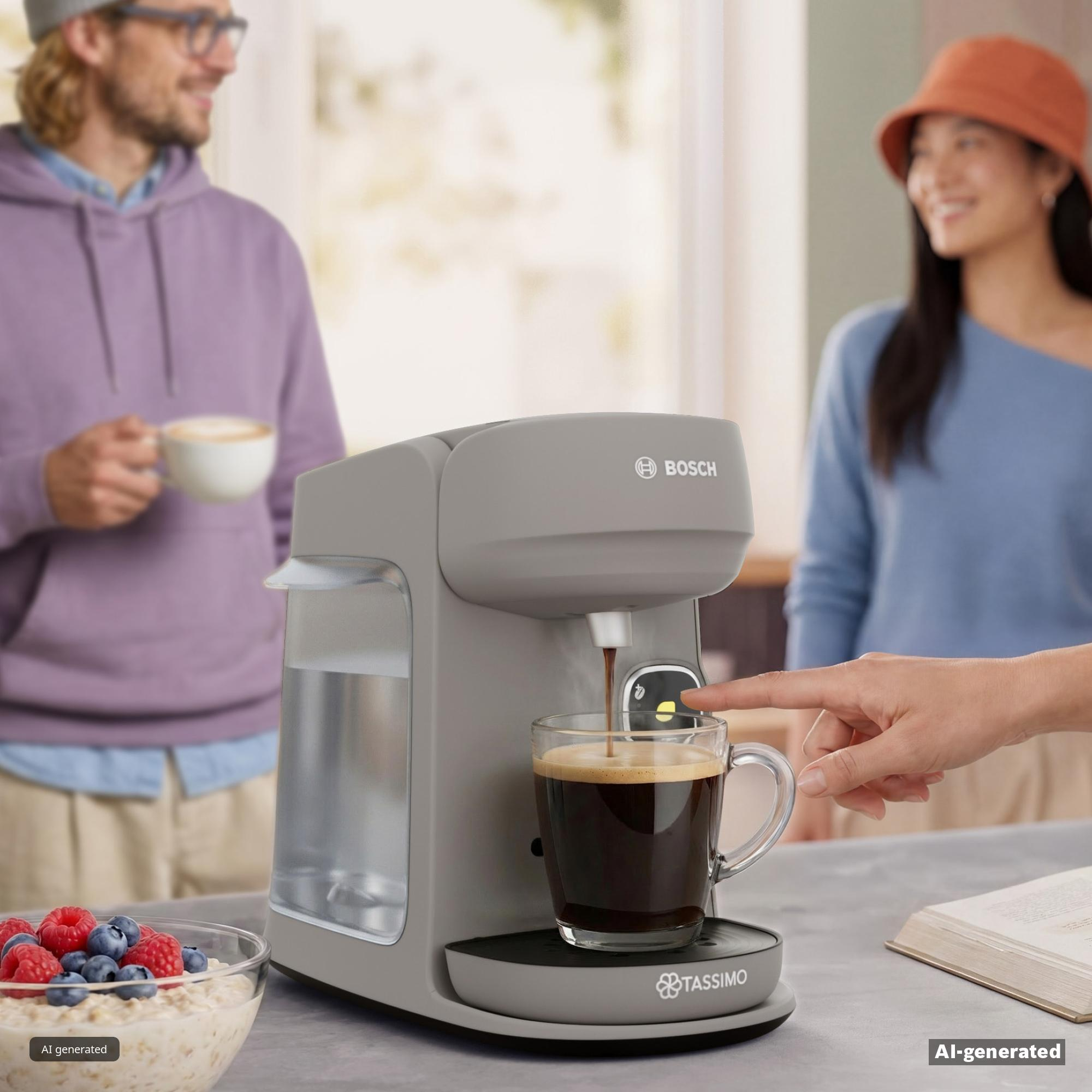 Eine Hand bedient eine graue Tassimo-Kaffeemaschine, während im Hintergrund zwei Personen stehen.