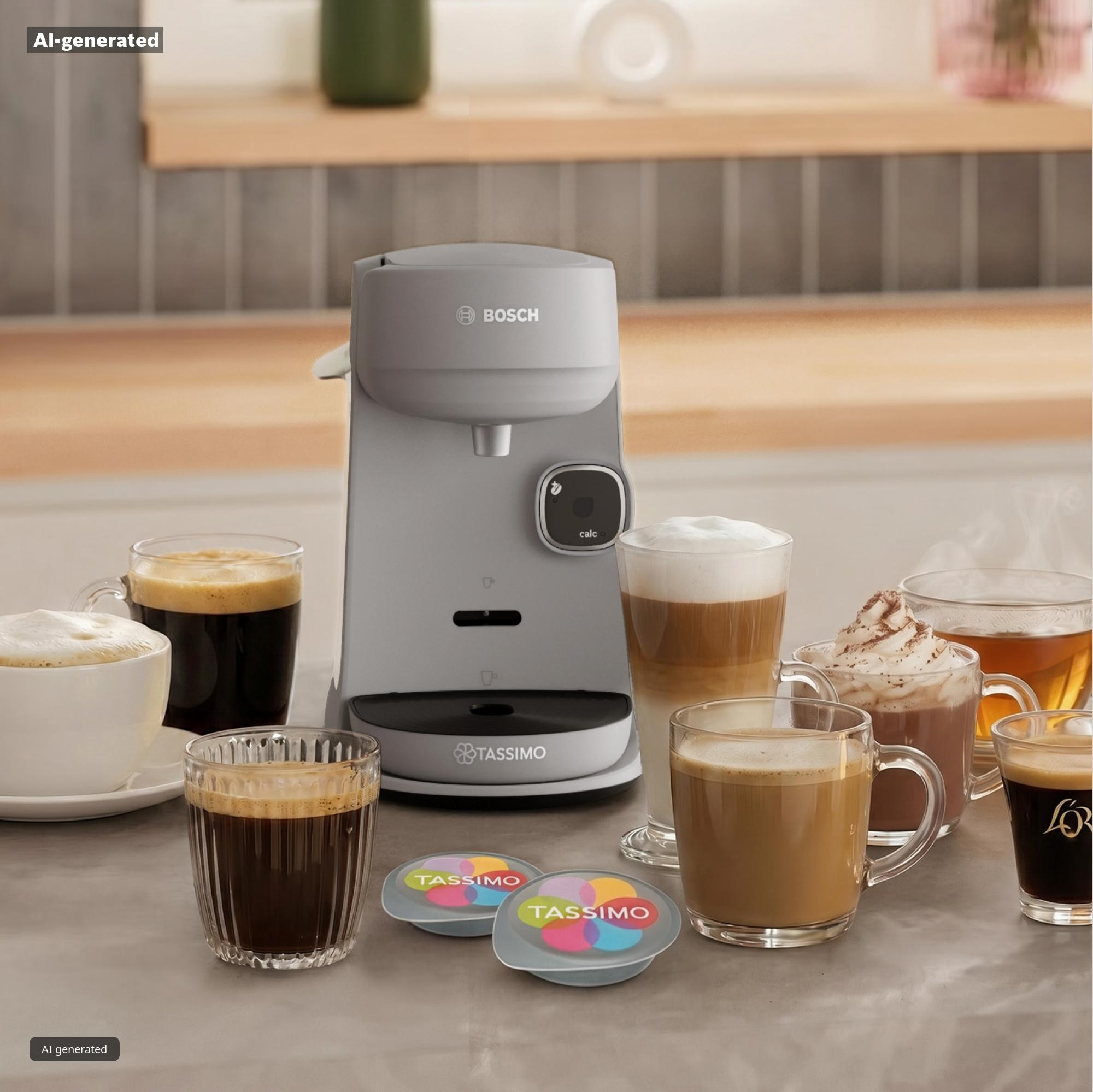 Eine graue Bosch Tassimo Kaffeemaschine steht auf einer Theke, umgeben von verschiedenen Kaffeetassen und Tassimo-Pads.