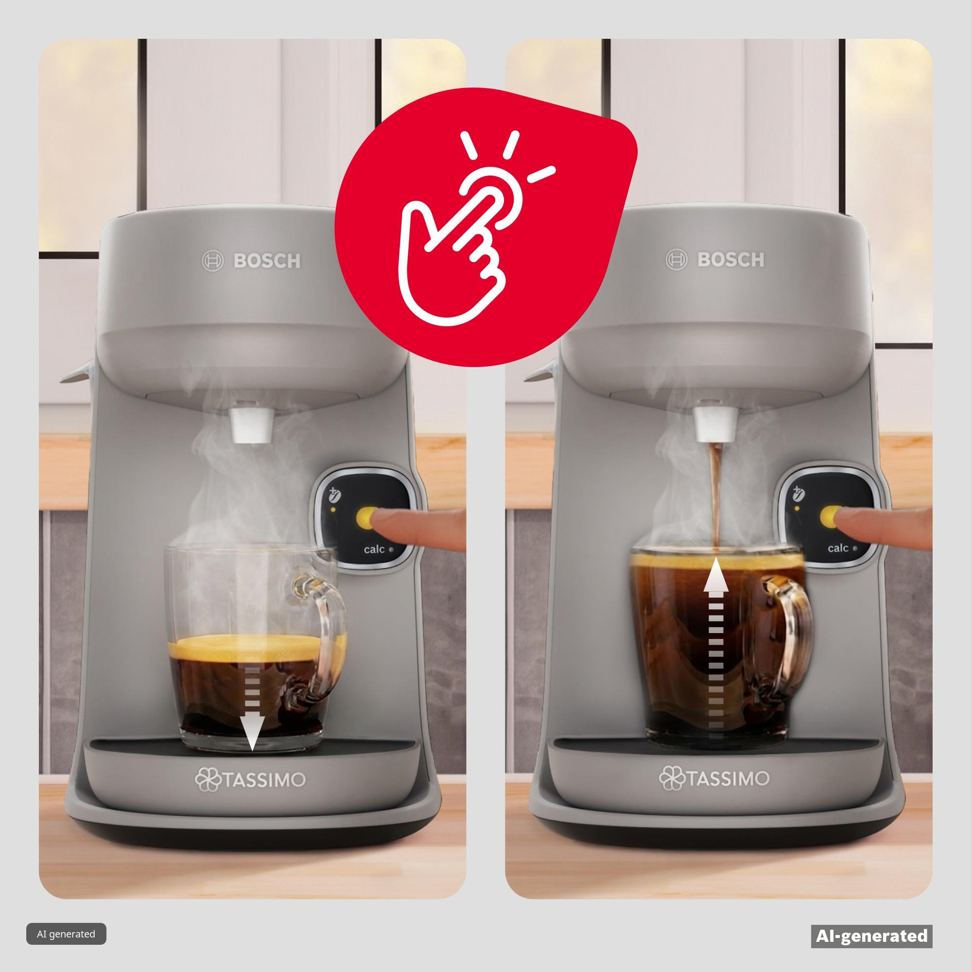 Eine graue Bosch Tassimo Kaffeemaschine brüht Kaffee in eine Tasse mit einem Touch-Symbol.