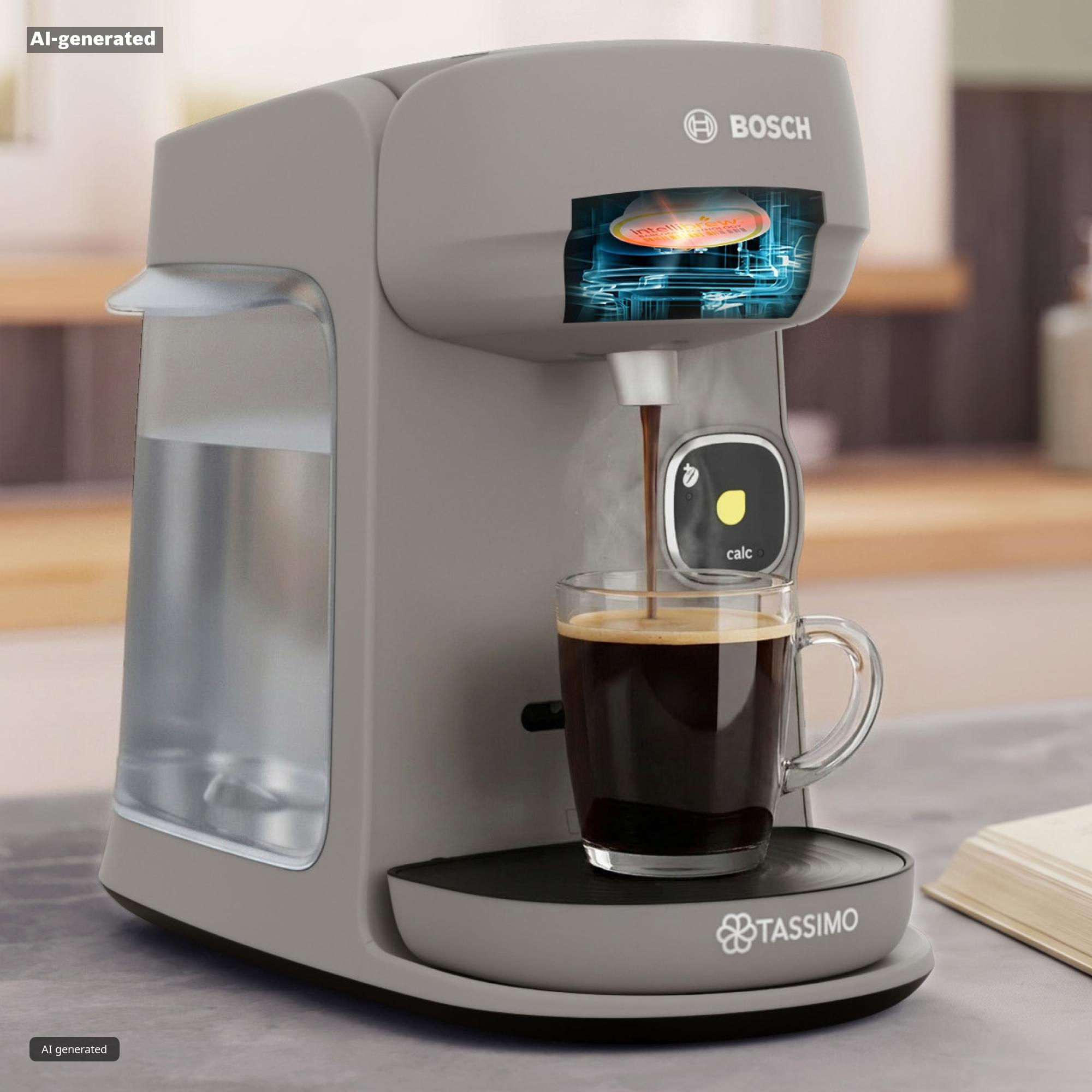 Eine graue Bosch Tassimo Kaffeemaschine brüht frischen Kaffee in eine klare Glastasse auf einer Küchentheke.